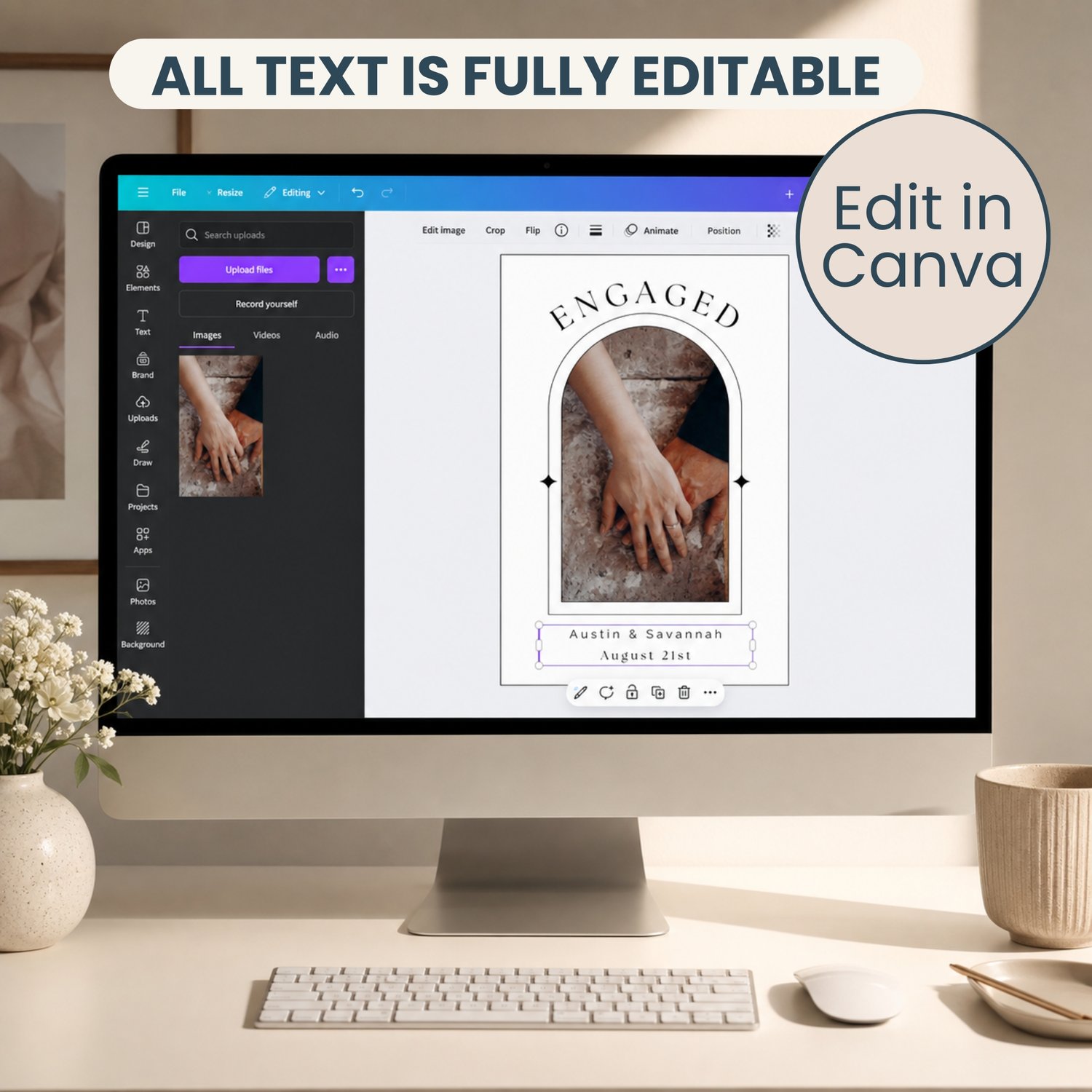 Editable 4 by 6-inch engagement bottle label template featuring a couple’s photo, names and date in a modern black-and-white arched design, with two labels arranged on a letter-size printable sheet.