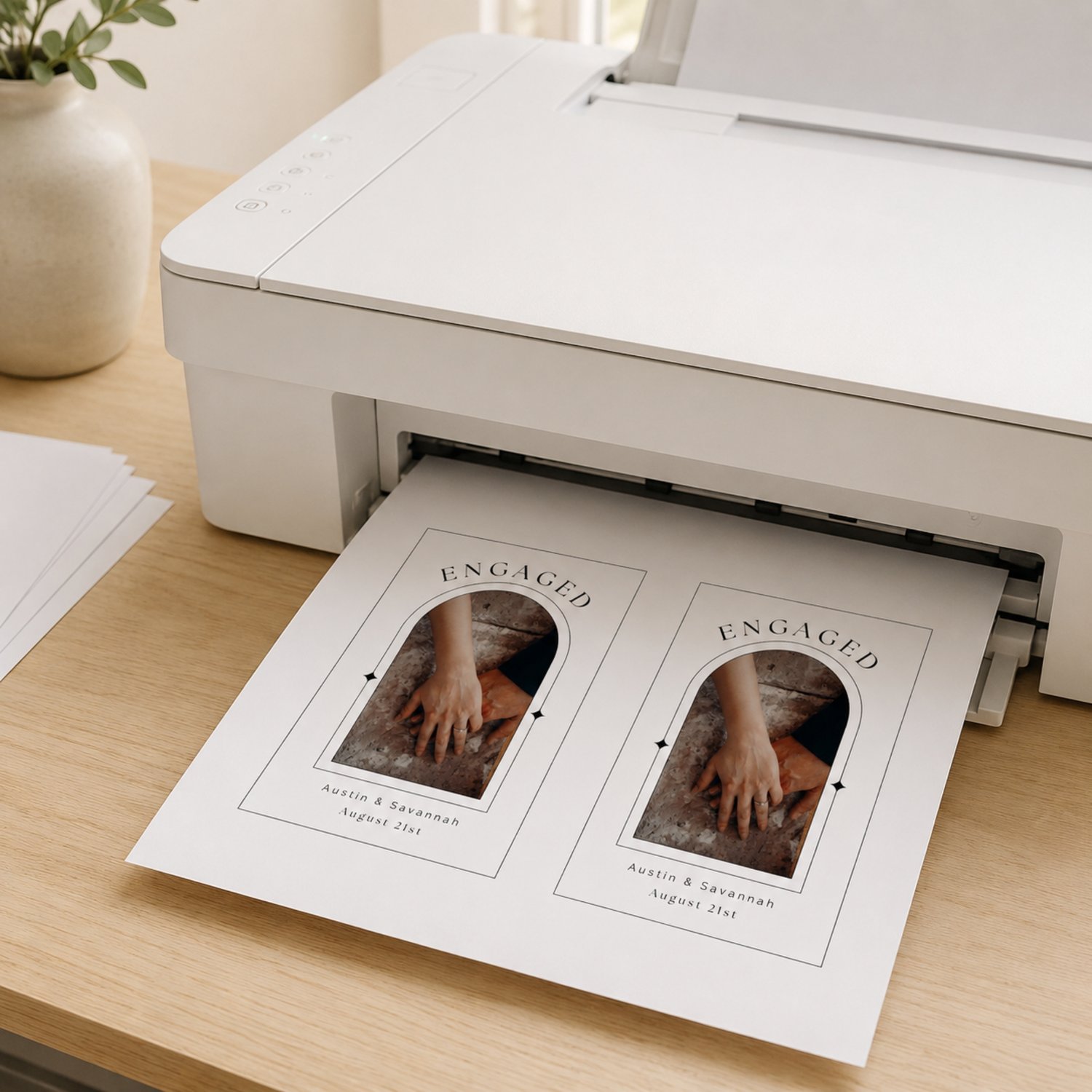 Editable 4 by 6-inch engagement bottle label template featuring a couple’s photo, names and date in a modern black-and-white arched design, with two labels arranged on a letter-size printable sheet.