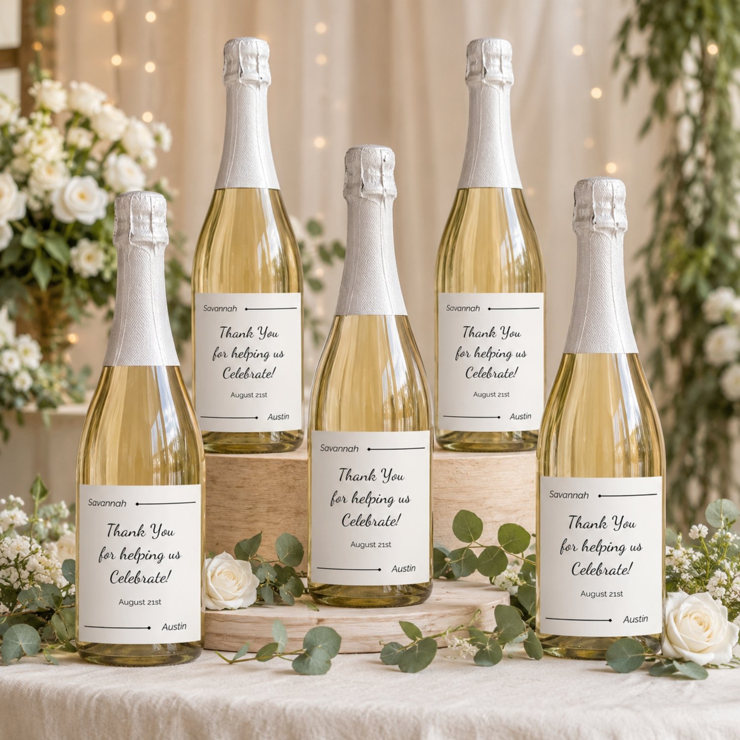 Modern black-and-white wedding drink bottle label template featuring editable couple names, a thank-you message and wedding date, shown as one 3.5 × 4-inch label and four labels arranged on a US Letter-size printable sheet.