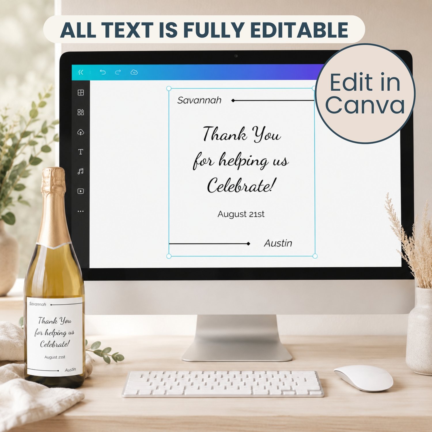 Modern black-and-white wedding drink bottle label template featuring editable couple names, a thank-you message and wedding date, shown as one 3.5 × 4-inch label and four labels arranged on a US Letter-size printable sheet.