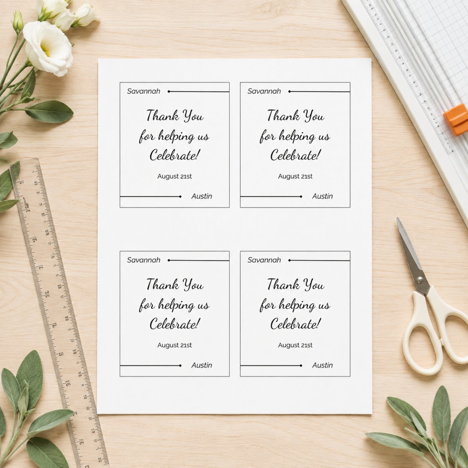 Modern black-and-white wedding drink bottle label template featuring editable couple names, a thank-you message and wedding date, shown as one 3.5 × 4-inch label and four labels arranged on a US Letter-size printable sheet.