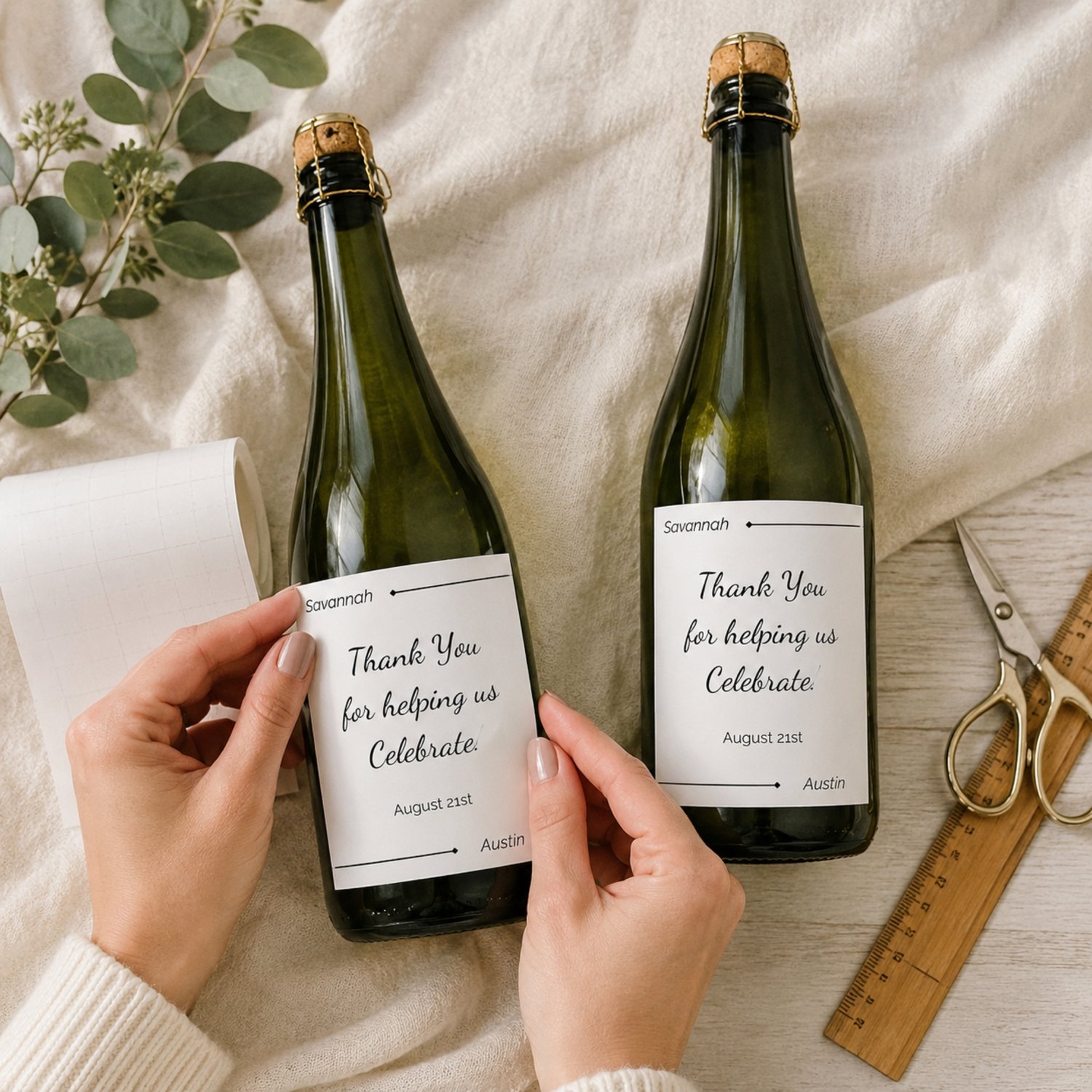 Modern black-and-white wedding drink bottle label template featuring editable couple names, a thank-you message and wedding date, shown as one 3.5 × 4-inch label and four labels arranged on a US Letter-size printable sheet.
