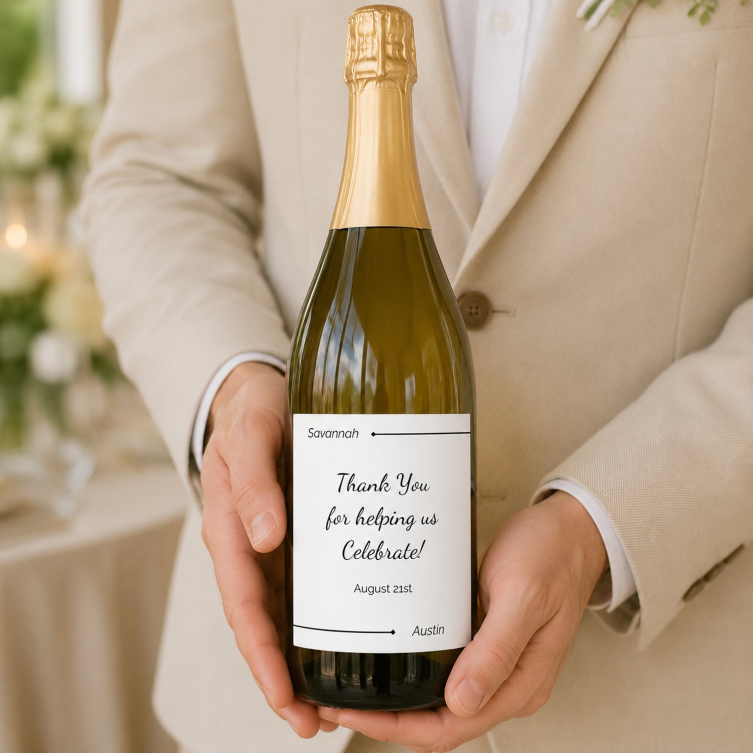 Modern black-and-white wedding drink bottle label template featuring editable couple names, a thank-you message and wedding date, shown as one 3.5 × 4-inch label and four labels arranged on a US Letter-size printable sheet.