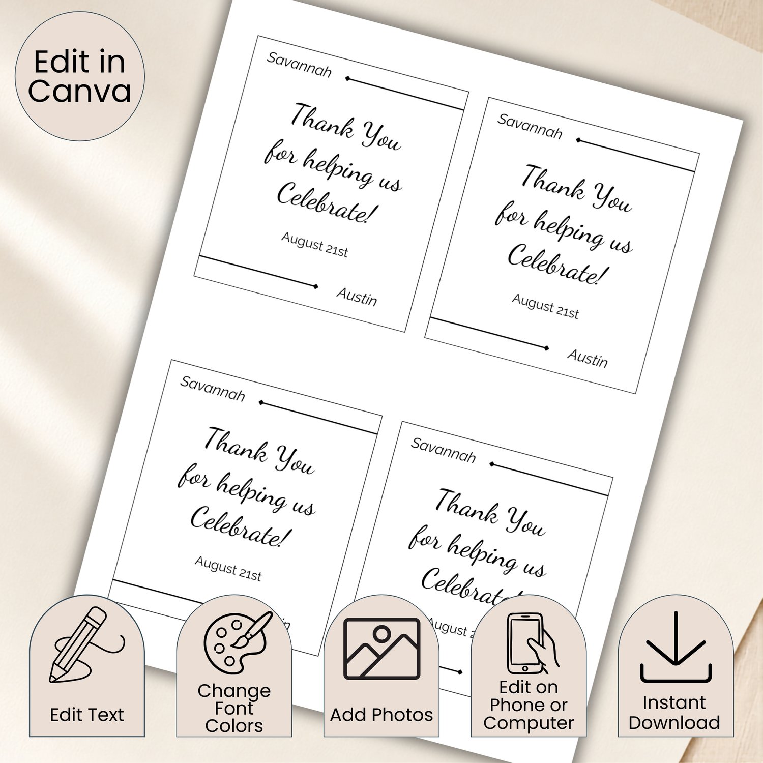 Modern black-and-white wedding drink bottle label template featuring editable couple names, a thank-you message and wedding date, shown as one 3.5 × 4-inch label and four labels arranged on a US Letter-size printable sheet.