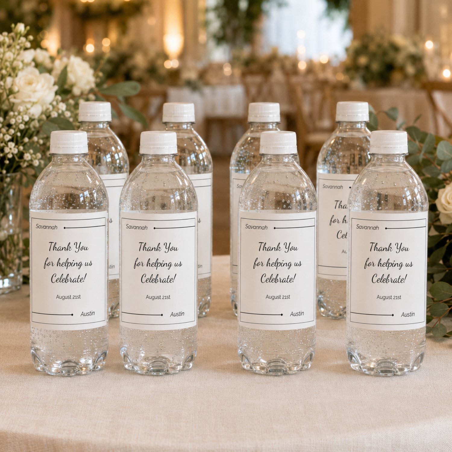 Modern black-and-white wedding drink bottle label template featuring editable couple names, a thank-you message and wedding date, shown as one 3.5 × 4-inch label and four labels arranged on a US Letter-size printable sheet.
