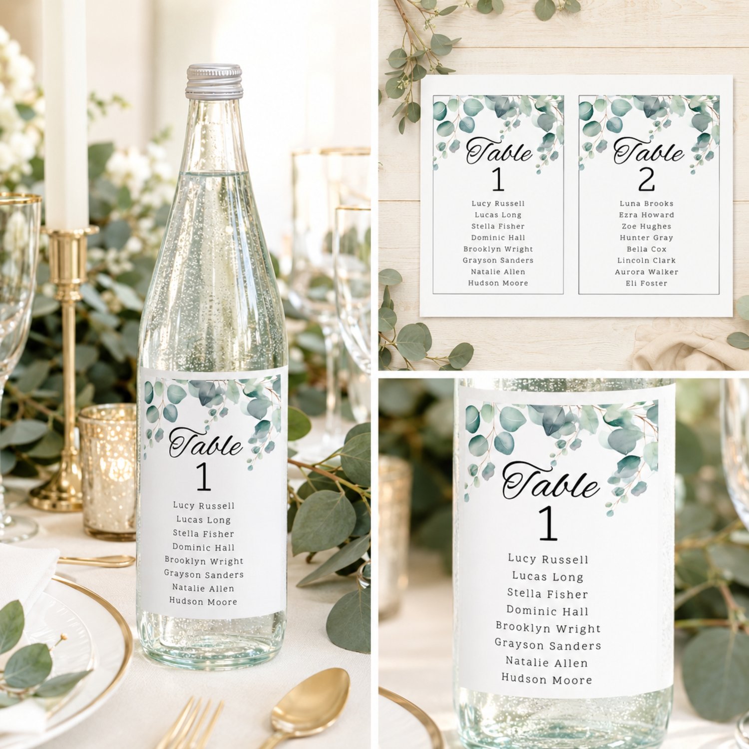 Editable eucalyptus wedding table seating bottle label template featuring watercolor greenery, table numbers and guest names. Includes one 4 by 6 inch rectangular label and a US Letter printing layout with two labels per page for DIY wedding reception déc