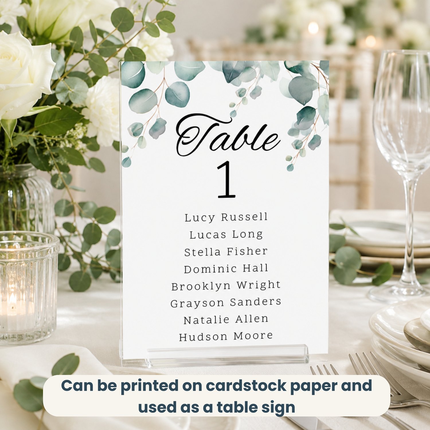 Editable eucalyptus wedding table seating bottle label template featuring watercolor greenery, table numbers and guest names. Includes one 4 by 6 inch rectangular label and a US Letter printing layout with two labels per page for DIY wedding reception déc