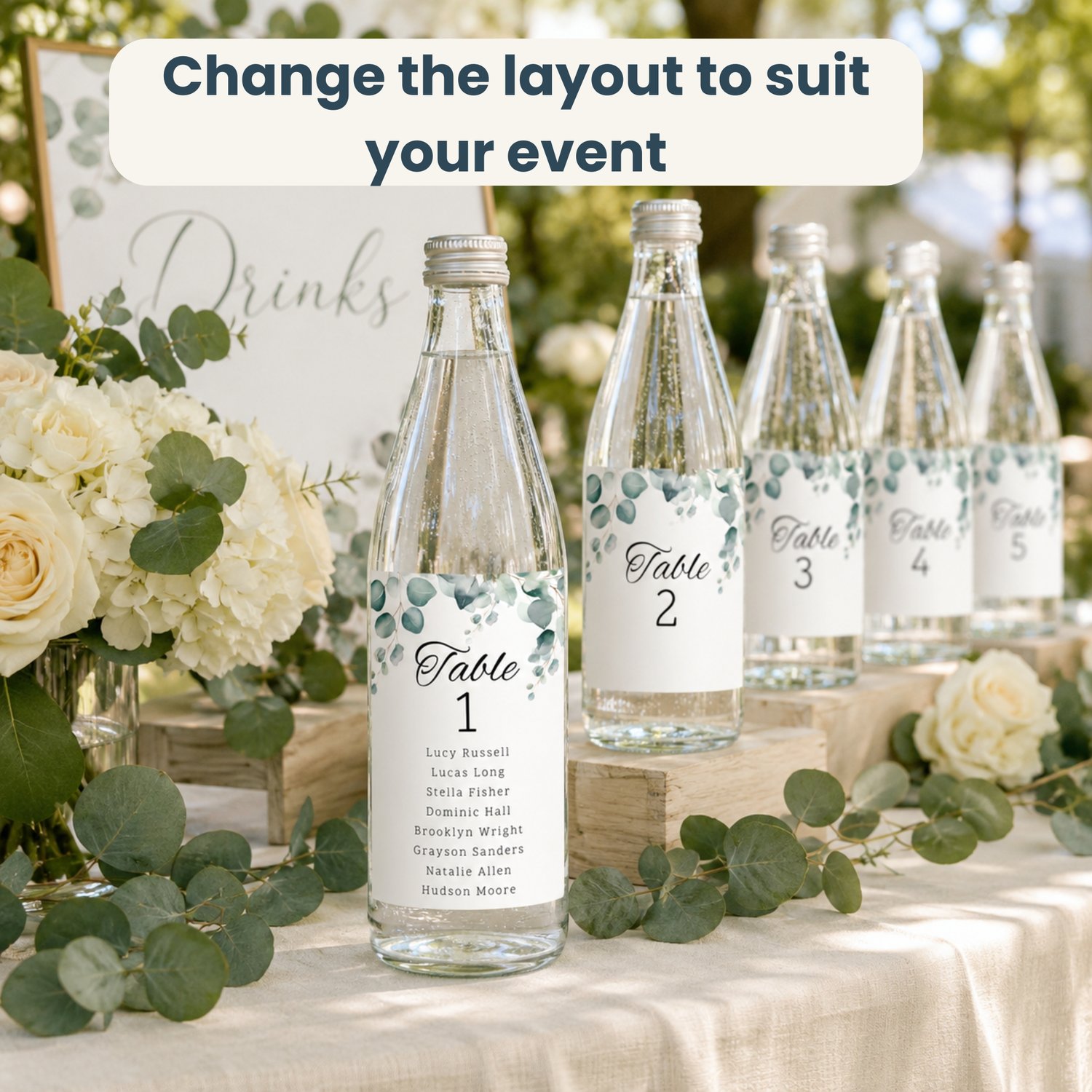 Editable eucalyptus wedding table seating bottle label template featuring watercolor greenery, table numbers and guest names. Includes one 4 by 6 inch rectangular label and a US Letter printing layout with two labels per page for DIY wedding reception déc