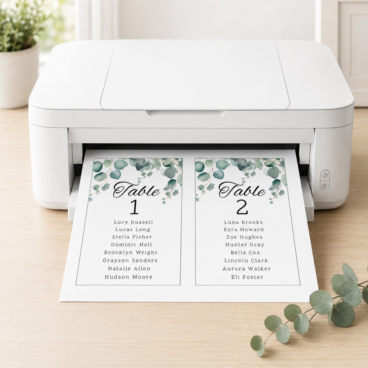 Editable eucalyptus wedding table seating bottle label template featuring watercolor greenery, table numbers and guest names. Includes one 4 by 6 inch rectangular label and a US Letter printing layout with two labels per page for DIY wedding reception déc
