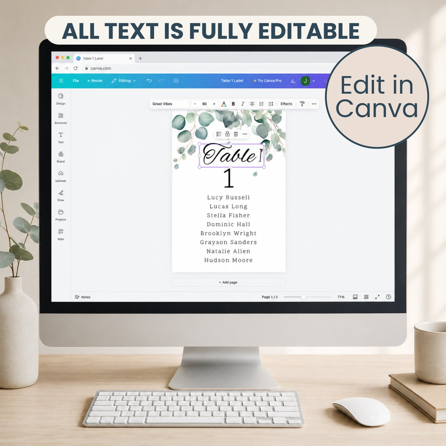 Editable eucalyptus wedding table seating bottle label template featuring watercolor greenery, table numbers and guest names. Includes one 4 by 6 inch rectangular label and a US Letter printing layout with two labels per page for DIY wedding reception déc