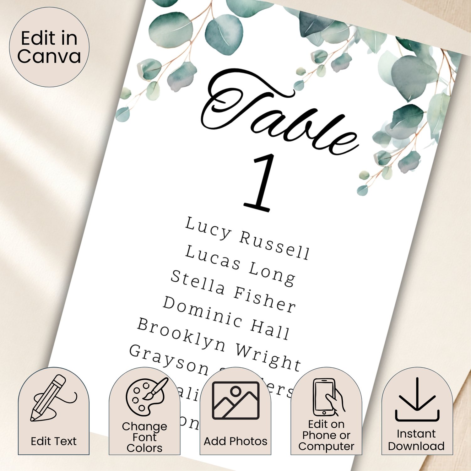 Editable eucalyptus wedding table seating bottle label template featuring watercolor greenery, table numbers and guest names. Includes one 4 by 6 inch rectangular label and a US Letter printing layout with two labels per page for DIY wedding reception déc