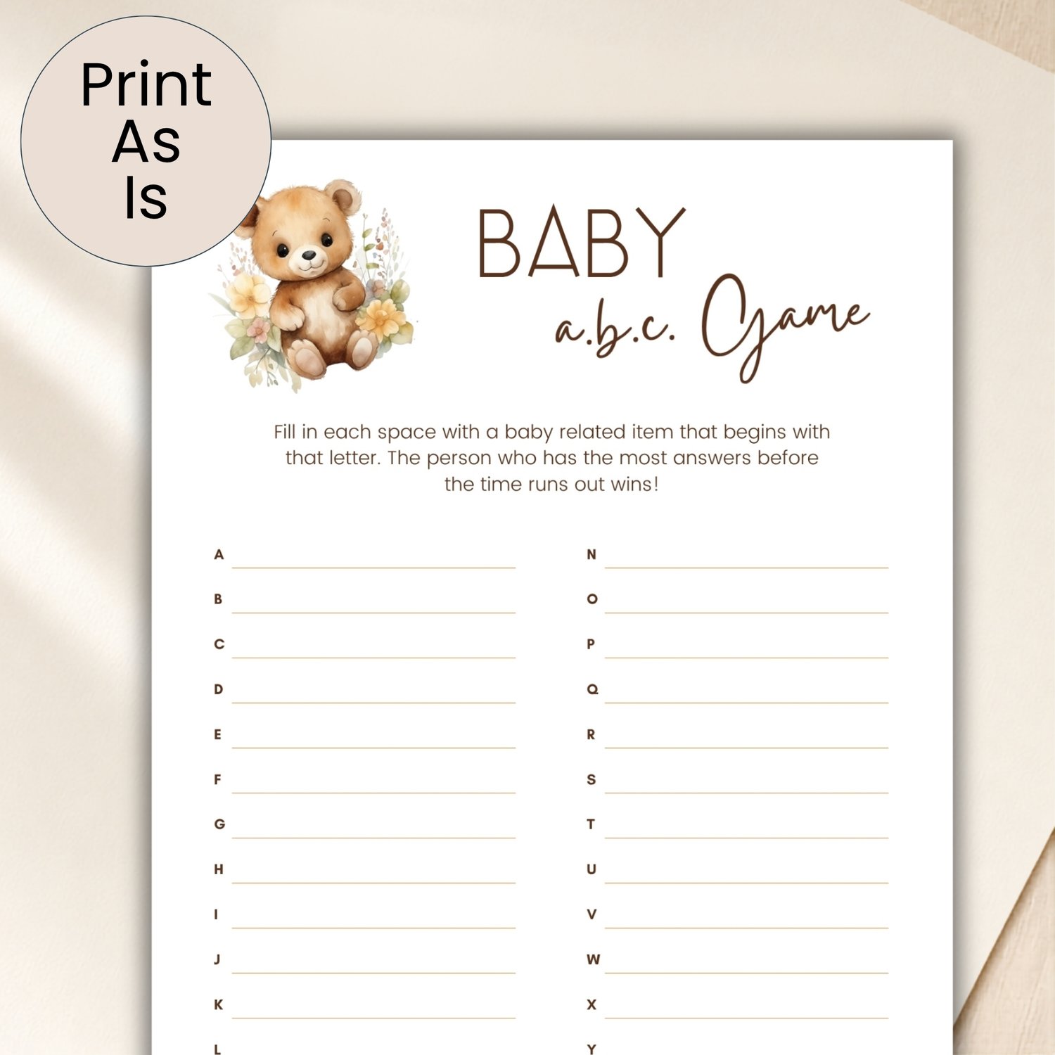 Printable Baby Shower ABC Game featuring a sweet watercolor teddy bear with neutral flowers, simple instructions and A-to-Z answer lines on a US Letter-size page.