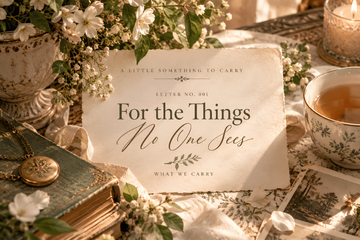 Vintage-inspired blog cover for What We Carry, featuring an aged parchment letter titled “For the Things No One Sees,” surrounded by delicate flowers, antique books, a teacup, and warm candlelight. A gentle reflection on grief, healing, life's unseen stru