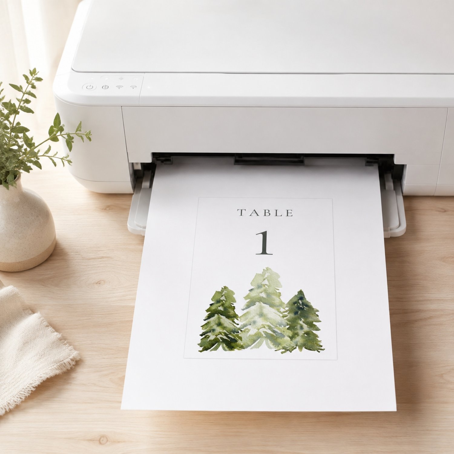 Editable 5 × 7-inch watercolor pine tree table number card featuring soft green woodland trees, elegant charcoal lettering and table numbers 1–30 for rustic, forest, mountain or outdoor weddings.