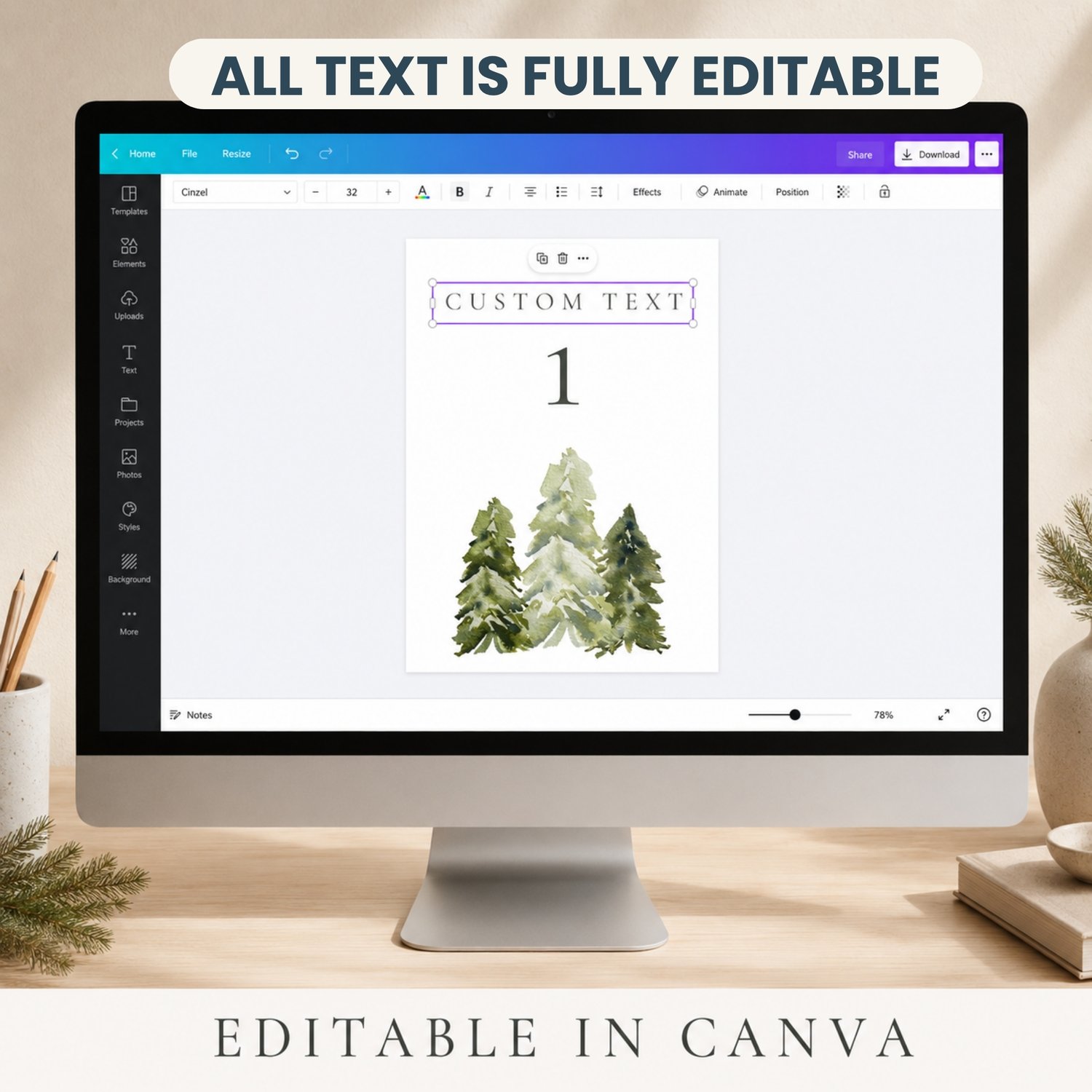 Editable 5 × 7-inch watercolor pine tree table number card featuring soft green woodland trees, elegant charcoal lettering and table numbers 1–30 for rustic, forest, mountain or outdoor weddings.