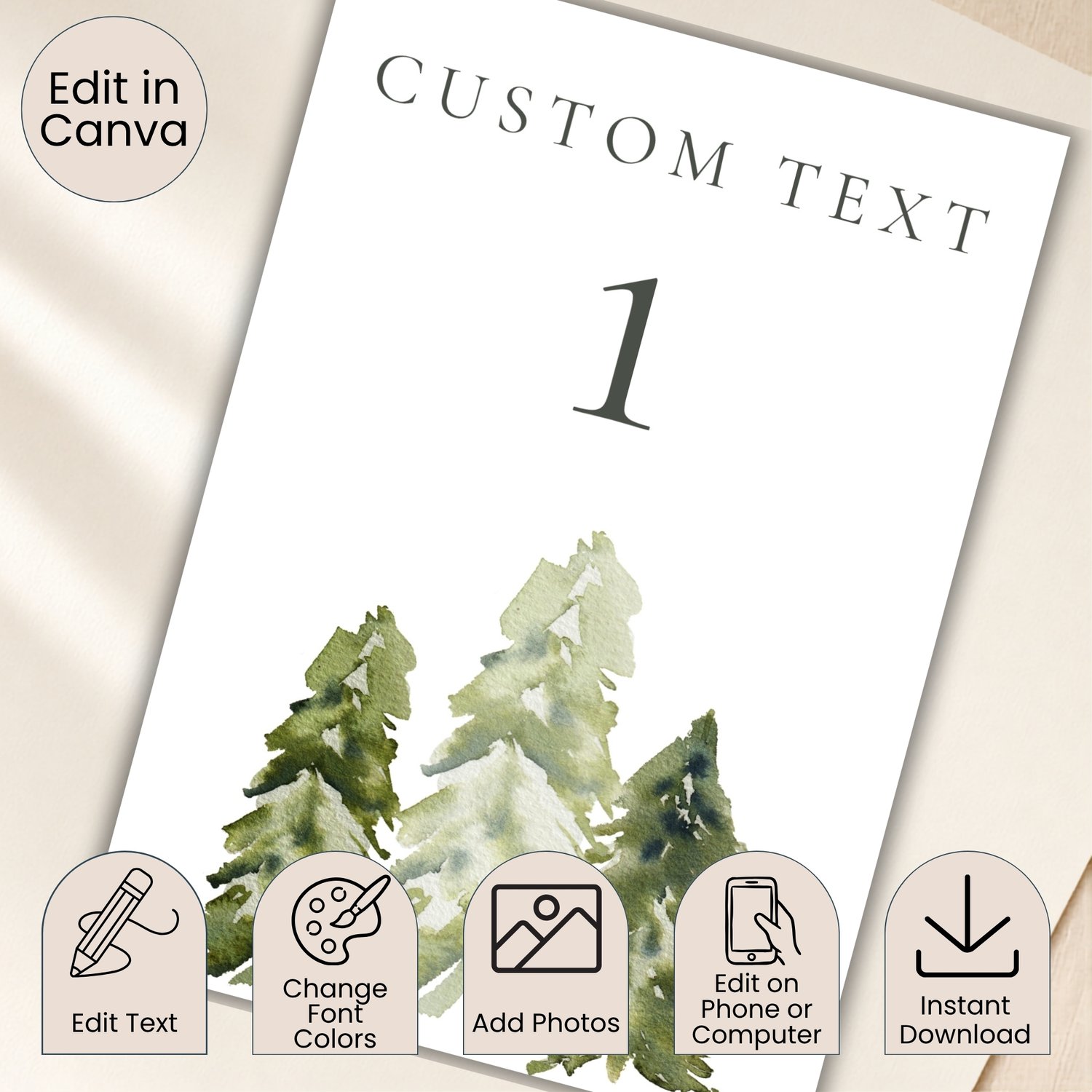 Editable 5 × 7-inch watercolor pine tree table number card featuring soft green woodland trees, elegant charcoal lettering and table numbers 1–30 for rustic, forest, mountain or outdoor weddings.