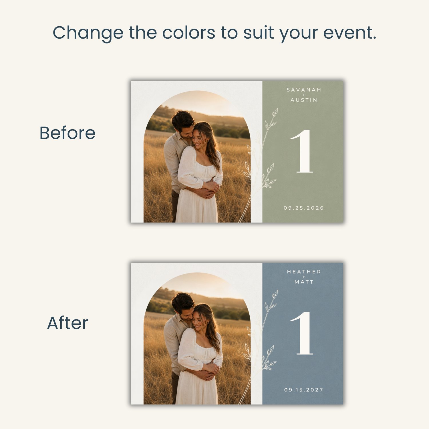 Editable sage green wedding table number card featuring a couple’s photo, white botanical line art, personalized names and date, and a large table number on a 6 × 4-inch horizontal design.