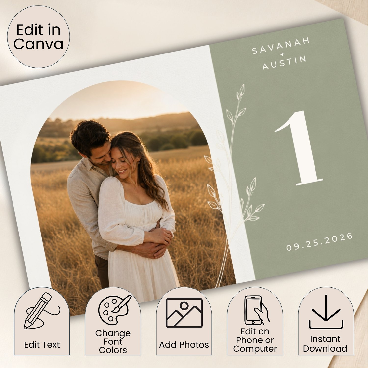 Editable sage green wedding table number card featuring a couple’s photo, white botanical line art, personalized names and date, and a large table number on a 6 × 4-inch horizontal design.