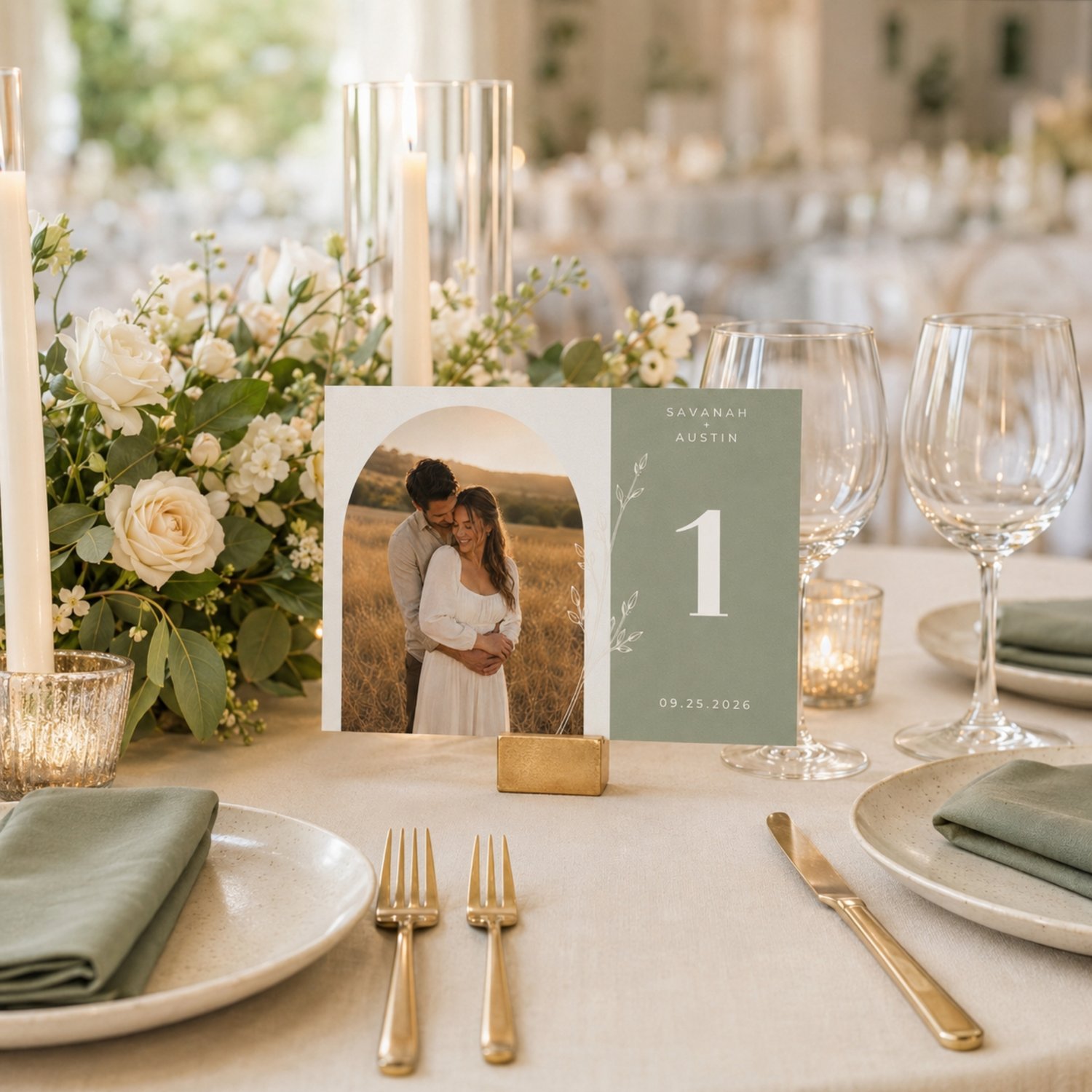 Editable sage green wedding table number card featuring a couple’s photo, white botanical line art, personalized names and date, and a large table number on a 6 × 4-inch horizontal design.