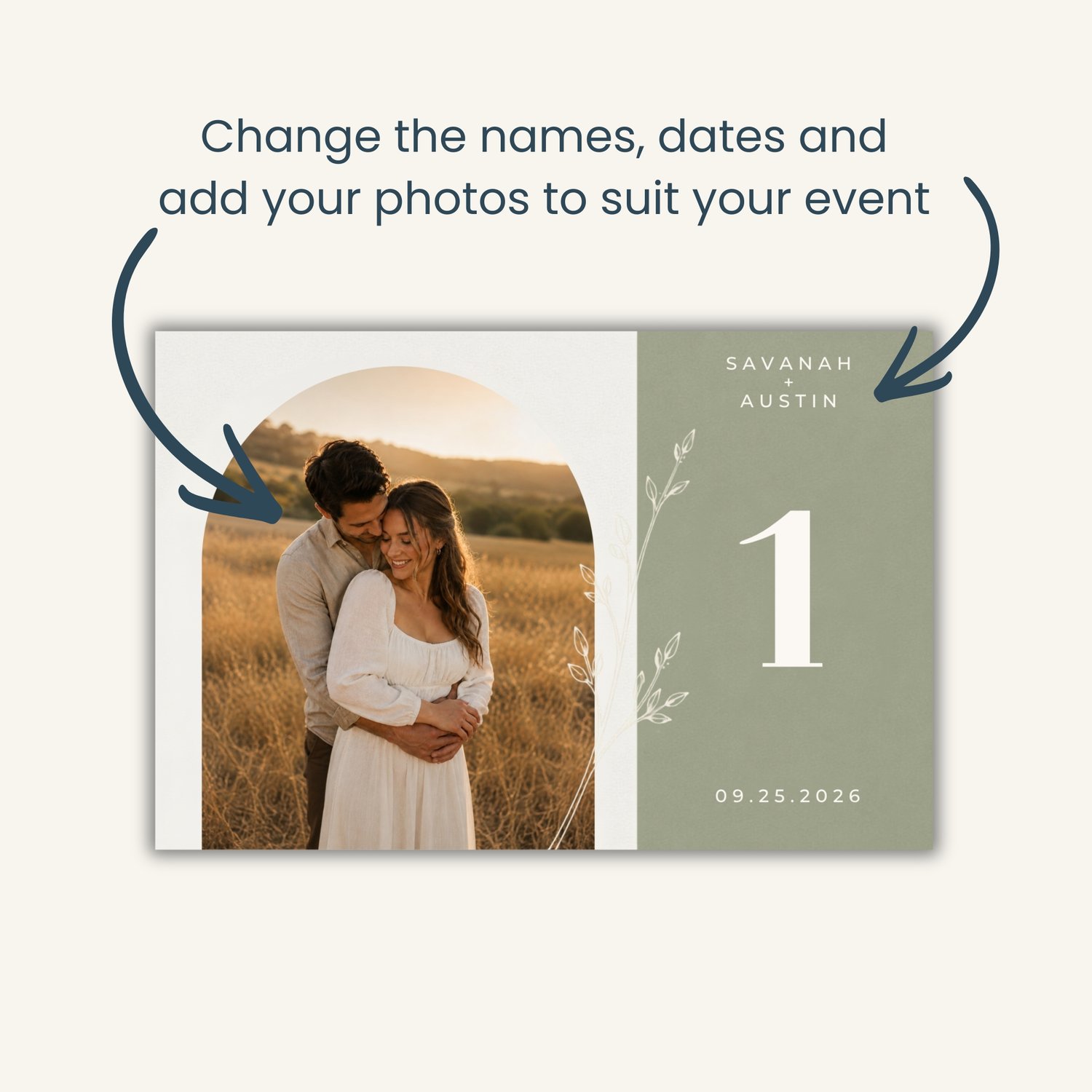Editable sage green wedding table number card featuring a couple’s photo, white botanical line art, personalized names and date, and a large table number on a 6 × 4-inch horizontal design.