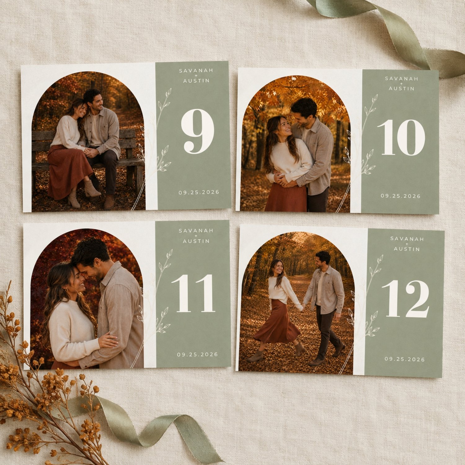 Editable sage green wedding table number card featuring a couple’s photo, white botanical line art, personalized names and date, and a large table number on a 6 × 4-inch horizontal design.