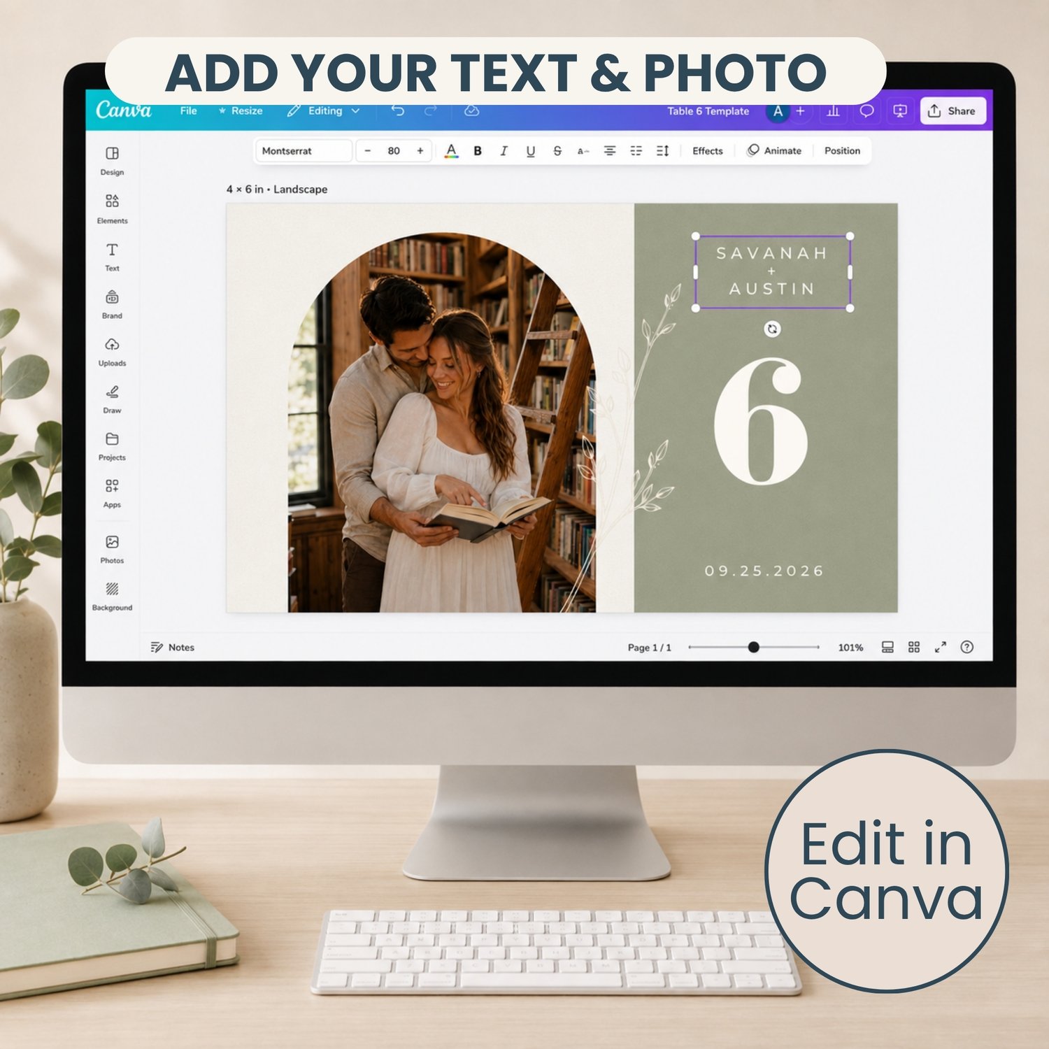 Editable sage green wedding table number card featuring a couple’s photo, white botanical line art, personalized names and date, and a large table number on a 6 × 4-inch horizontal design.