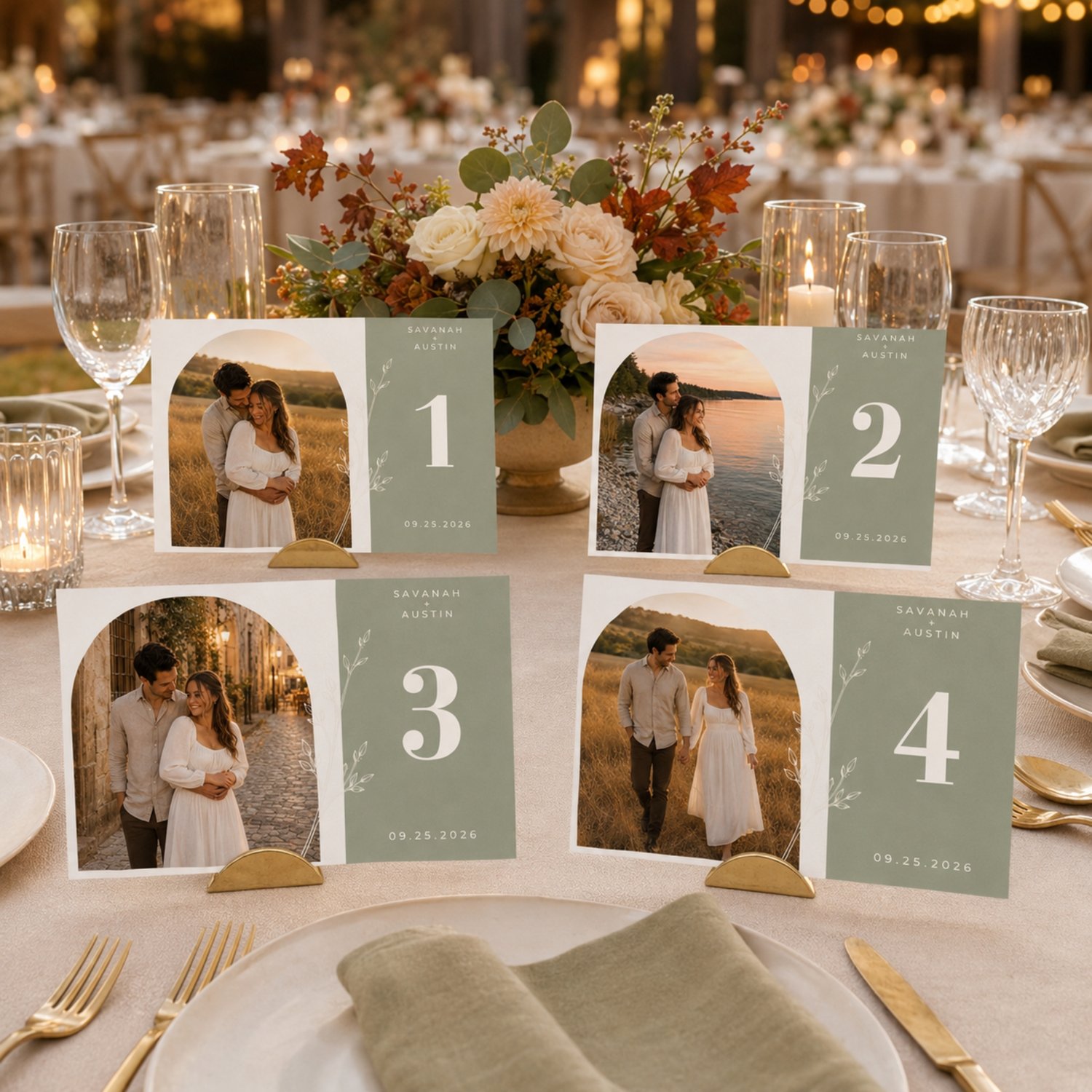 Editable sage green wedding table number card featuring a couple’s photo, white botanical line art, personalized names and date, and a large table number on a 6 × 4-inch horizontal design.