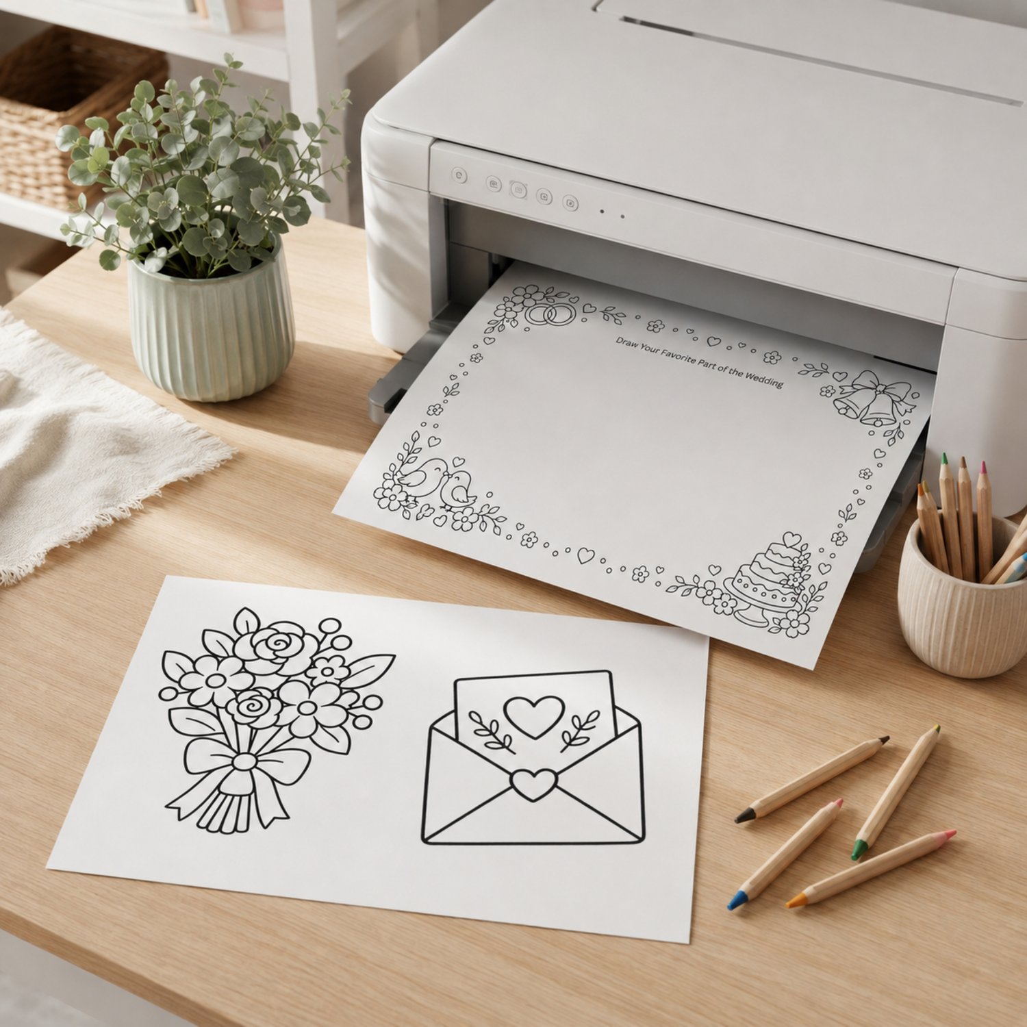 Set of six printable wedding activity placemats for children featuring wedding coloring pages, mazes, word games, drawing prompts, spot-the-difference puzzles and table games in an editable Canva template.