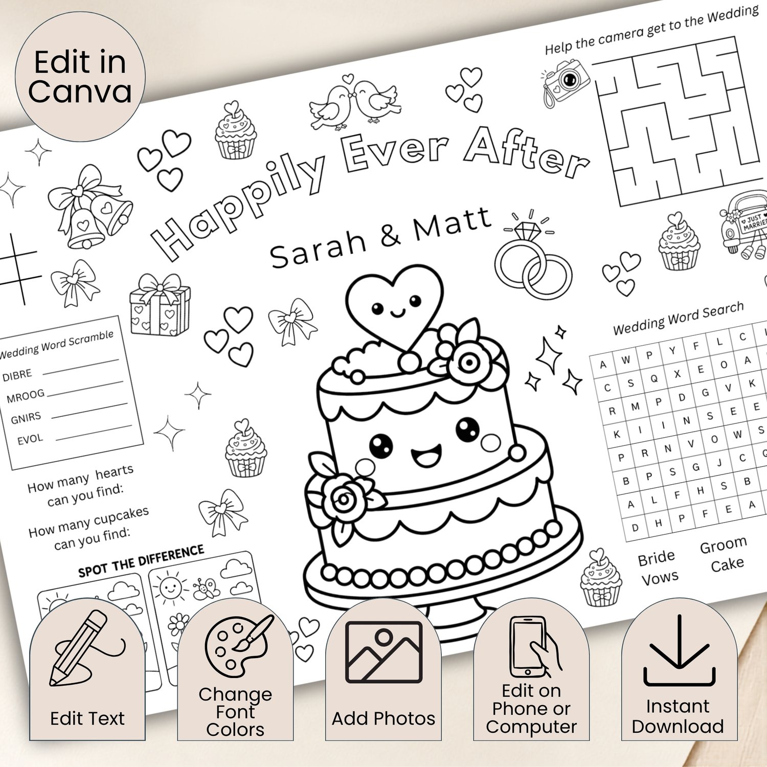 Set of six printable wedding activity placemats for children featuring wedding coloring pages, mazes, word games, drawing prompts, spot-the-difference puzzles and table games in an editable Canva template.