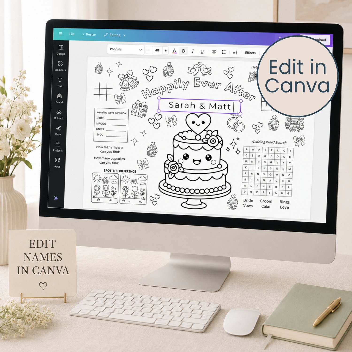Set of six printable wedding activity placemats for children featuring wedding coloring pages, mazes, word games, drawing prompts, spot-the-difference puzzles and table games in an editable Canva template.