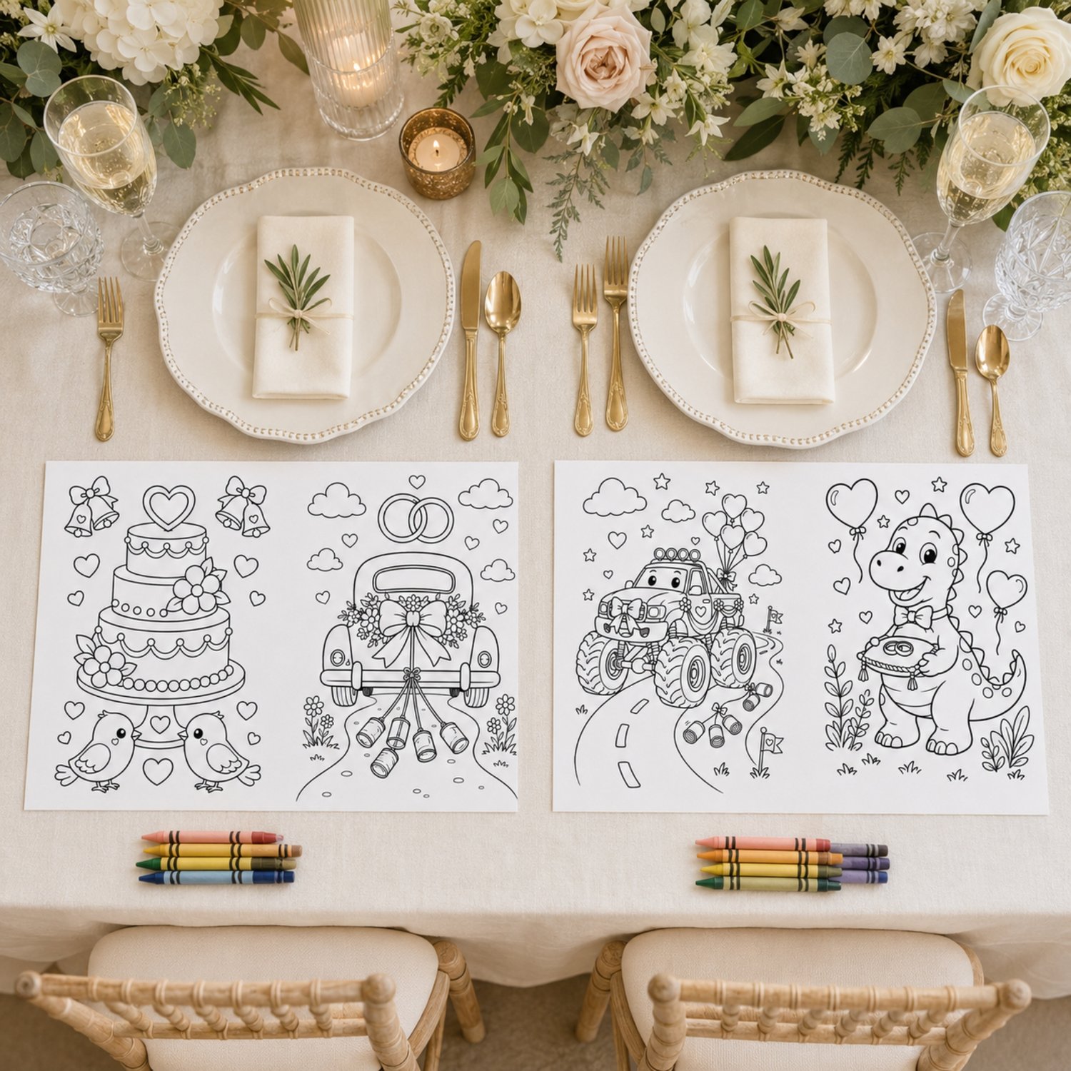 Set of six printable wedding activity placemats for children featuring wedding coloring pages, mazes, word games, drawing prompts, spot-the-difference puzzles and table games in an editable Canva template.