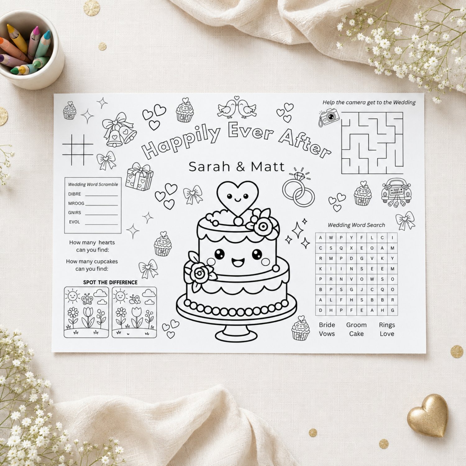 Set of six printable wedding activity placemats for children featuring wedding coloring pages, mazes, word games, drawing prompts, spot-the-difference puzzles and table games in an editable Canva template.