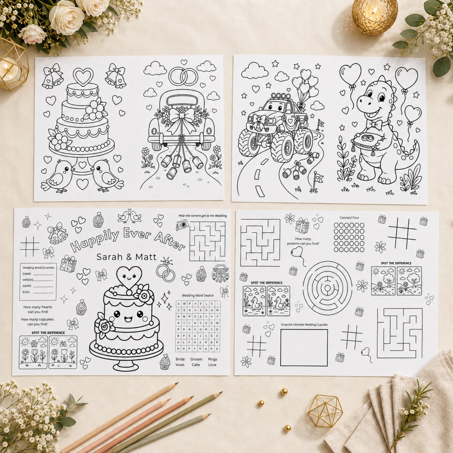 Set of six printable wedding activity placemats for children featuring wedding coloring pages, mazes, word games, drawing prompts, spot-the-difference puzzles and table games in an editable Canva template.