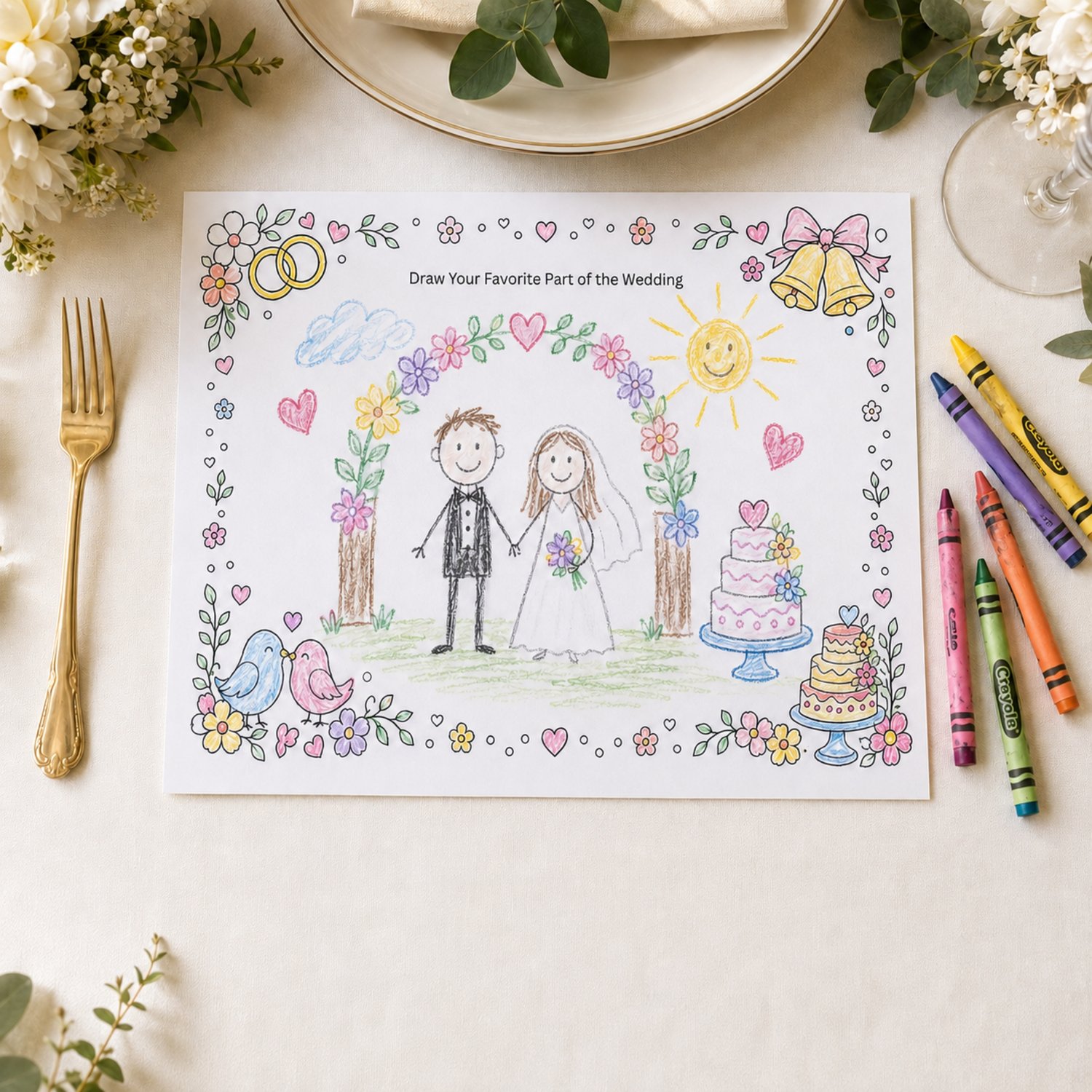Set of six printable wedding activity placemats for children featuring wedding coloring pages, mazes, word games, drawing prompts, spot-the-difference puzzles and table games in an editable Canva template.