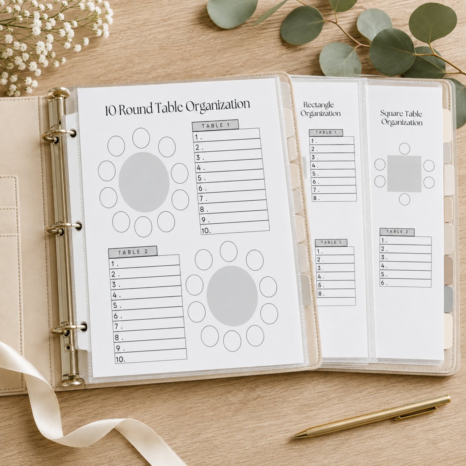 Twenty-page editable wedding table seating chart planner in US Letter size, featuring printable guest organization and table-planning pages for Canva.