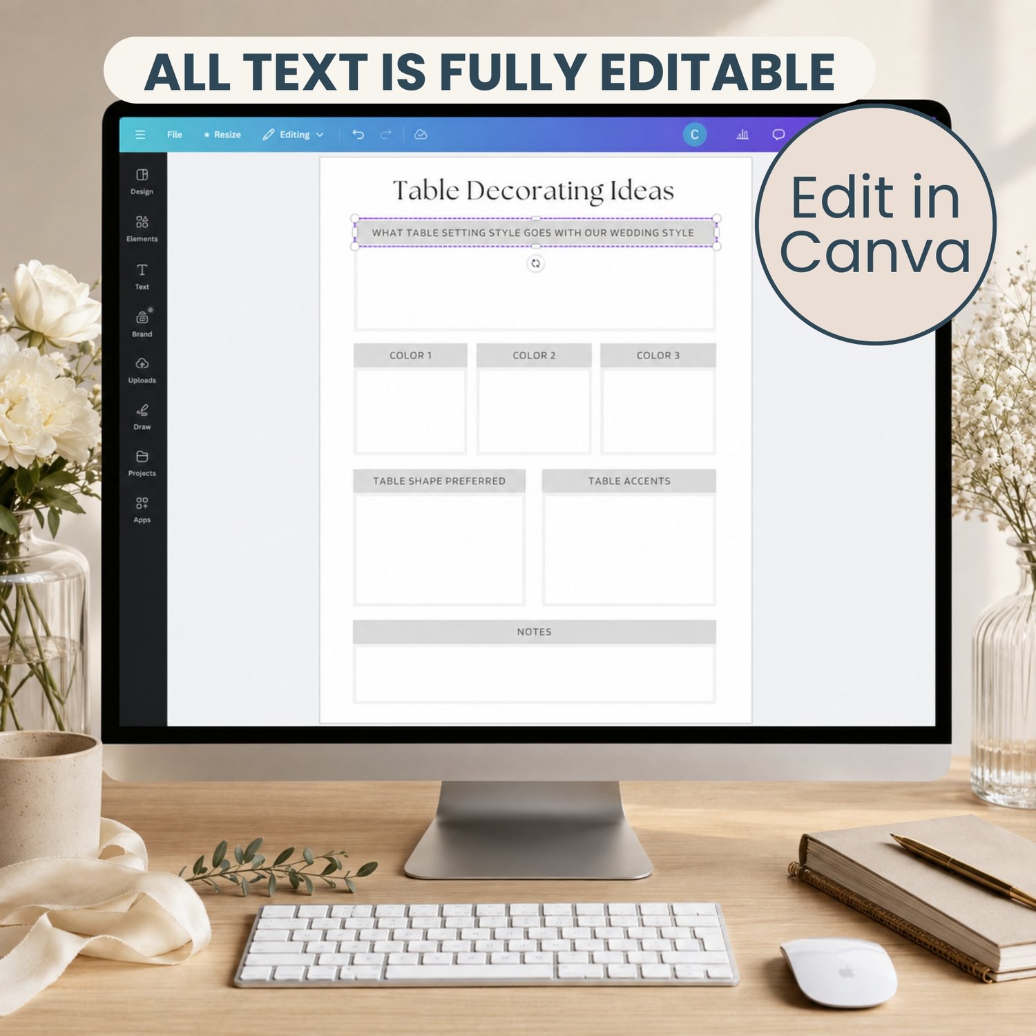 Twenty-page editable wedding table seating chart planner in US Letter size, featuring printable guest organization and table-planning pages for Canva.