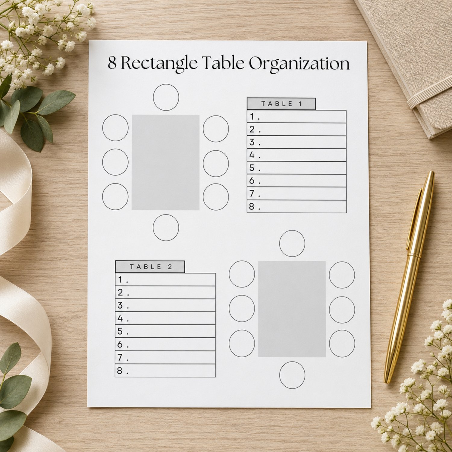 Twenty-page editable wedding table seating chart planner in US Letter size, featuring printable guest organization and table-planning pages for Canva.