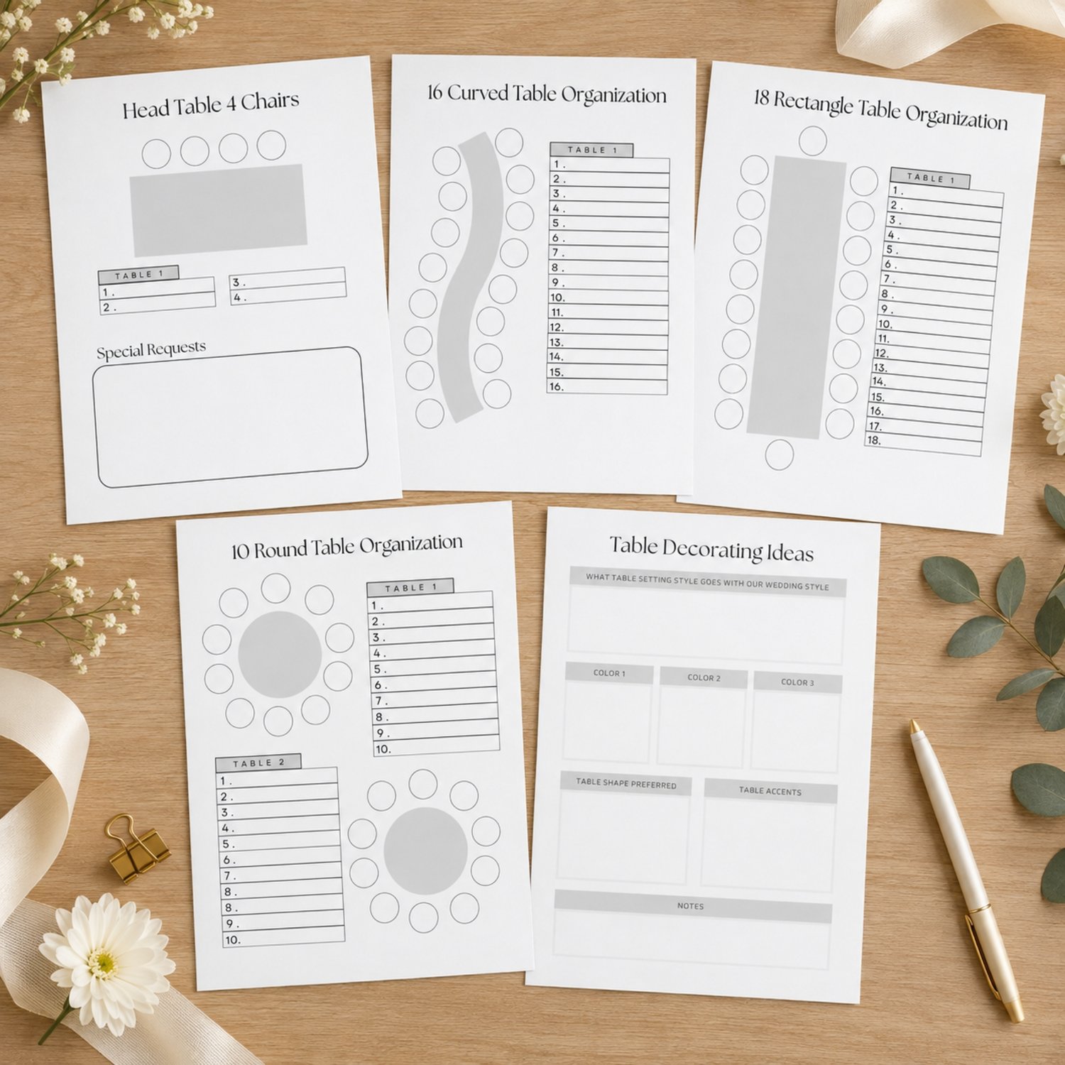 Twenty-page editable wedding table seating chart planner in US Letter size, featuring printable guest organization and table-planning pages for Canva.
