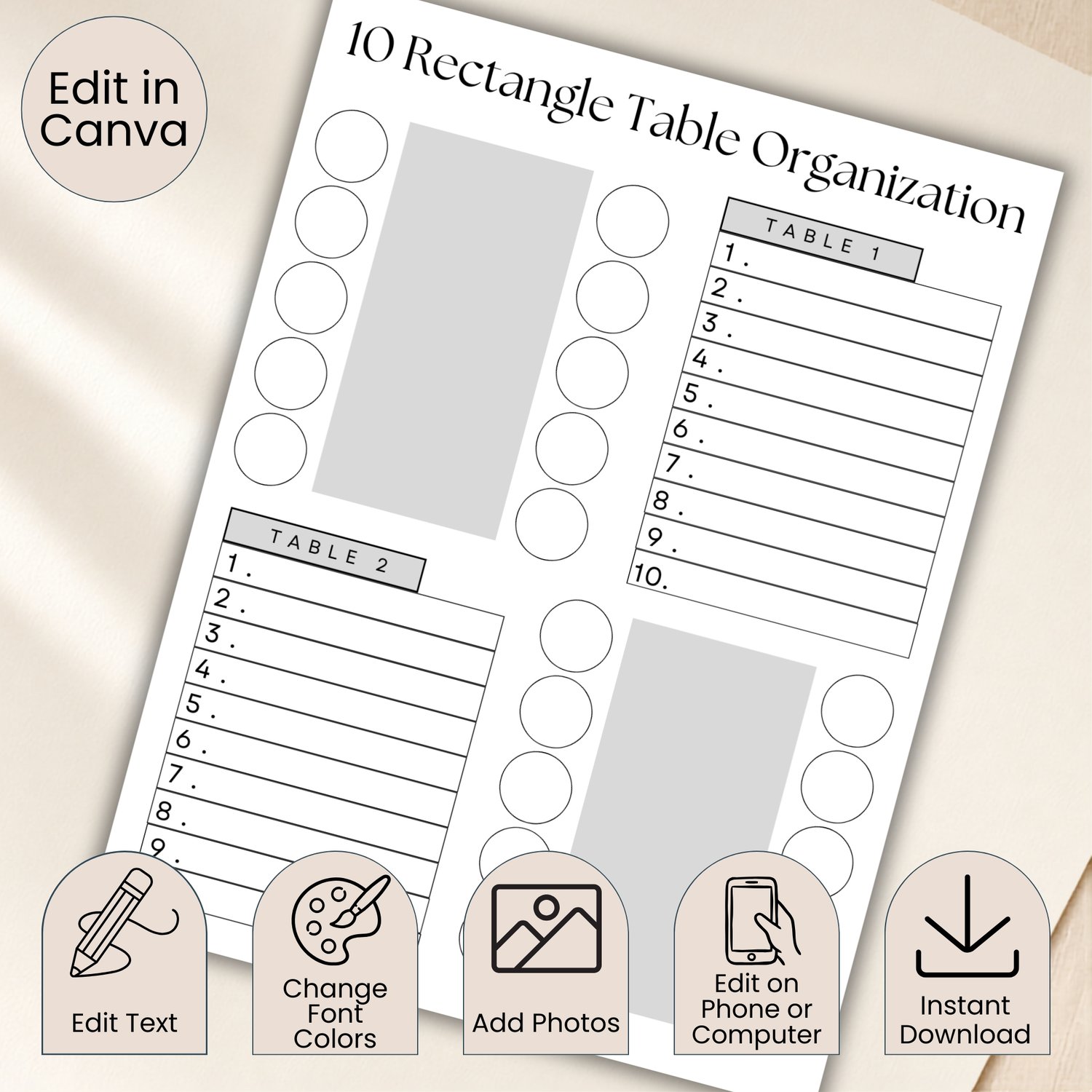 Twenty-page editable wedding table seating chart planner in US Letter size, featuring printable guest organization and table-planning pages for Canva.