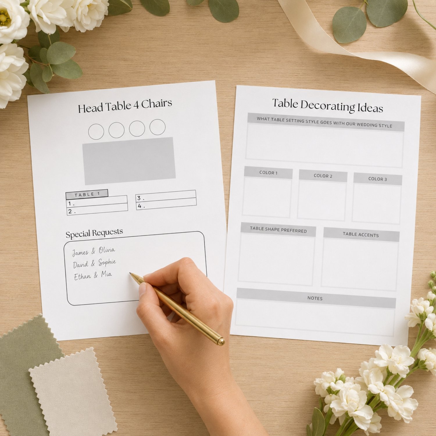 Twenty-page editable wedding table seating chart planner in US Letter size, featuring printable guest organization and table-planning pages for Canva.