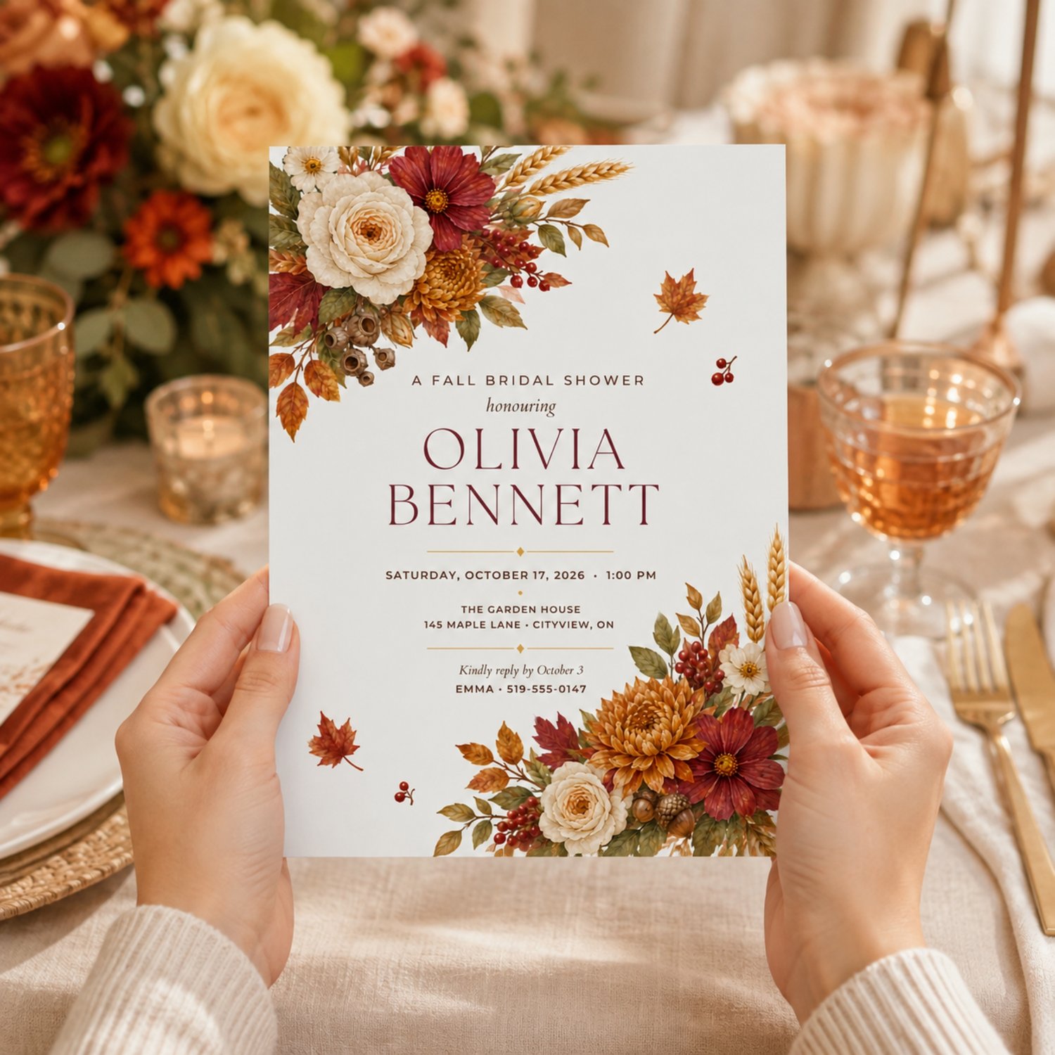 Elegant fall floral bridal shower invitation bundle with a printable 5 by 7-inch Canva template and coordinating mobile invitation featuring burgundy, orange and cream flowers, autumn leaves, berries, wheat and acorns.