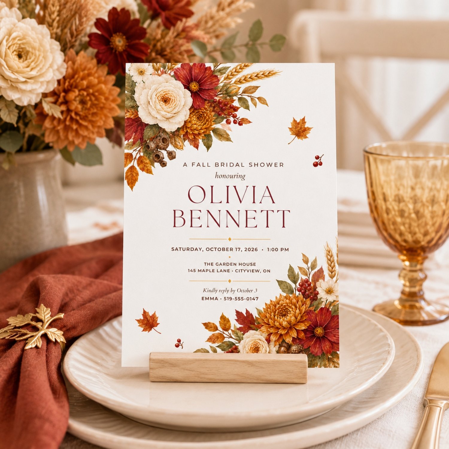 Elegant fall floral bridal shower invitation bundle with a printable 5 by 7-inch Canva template and coordinating mobile invitation featuring burgundy, orange and cream flowers, autumn leaves, berries, wheat and acorns.