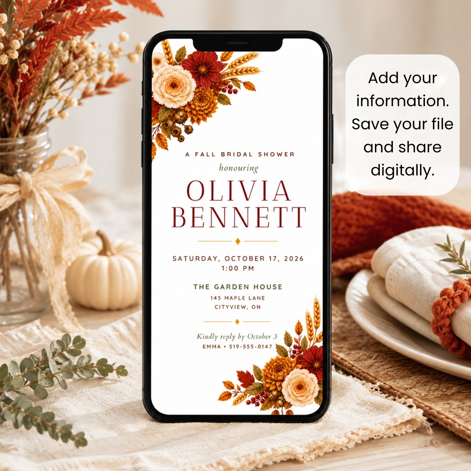 Elegant fall floral bridal shower invitation bundle with a printable 5 by 7-inch Canva template and coordinating mobile invitation featuring burgundy, orange and cream flowers, autumn leaves, berries, wheat and acorns.