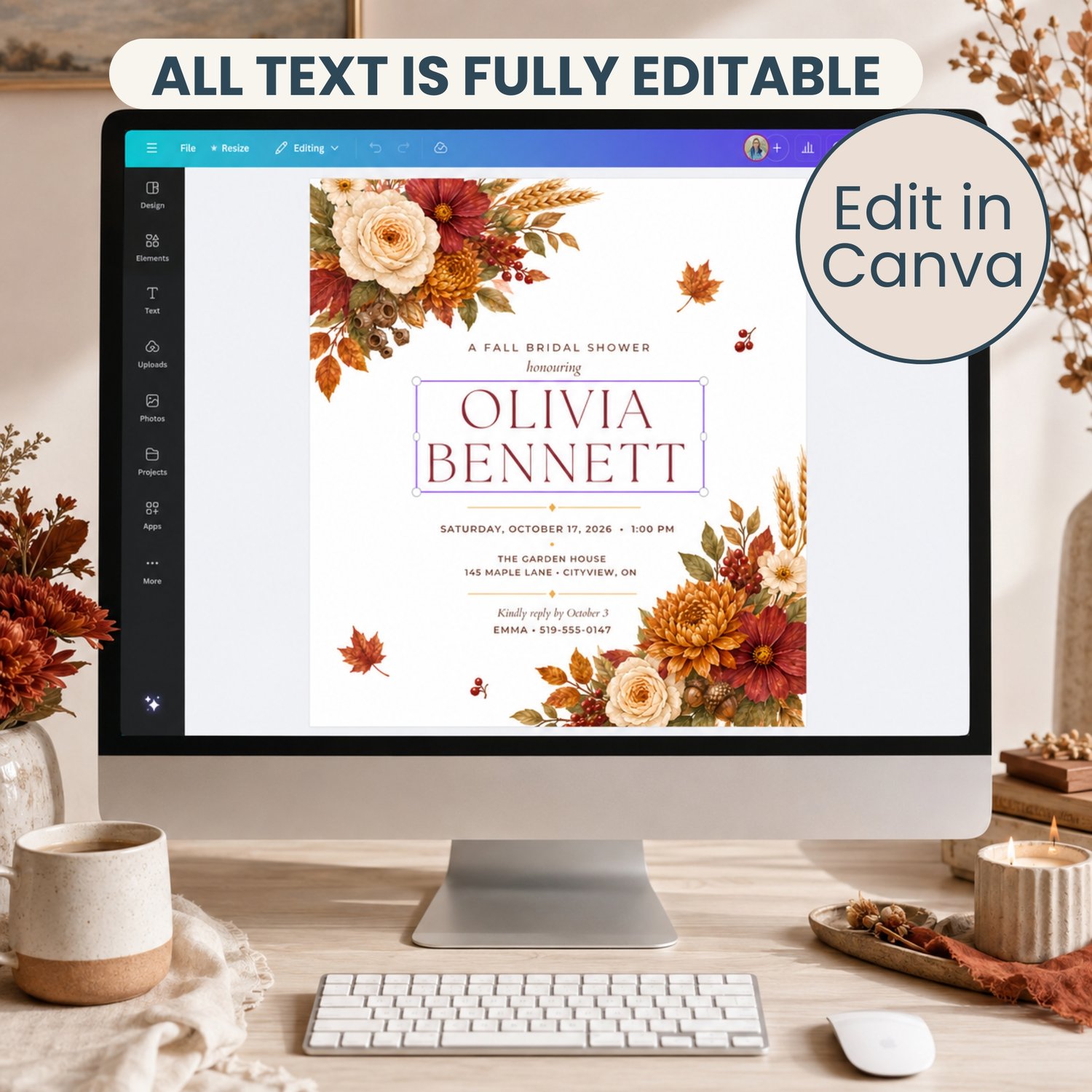 Elegant fall floral bridal shower invitation bundle with a printable 5 by 7-inch Canva template and coordinating mobile invitation featuring burgundy, orange and cream flowers, autumn leaves, berries, wheat and acorns.