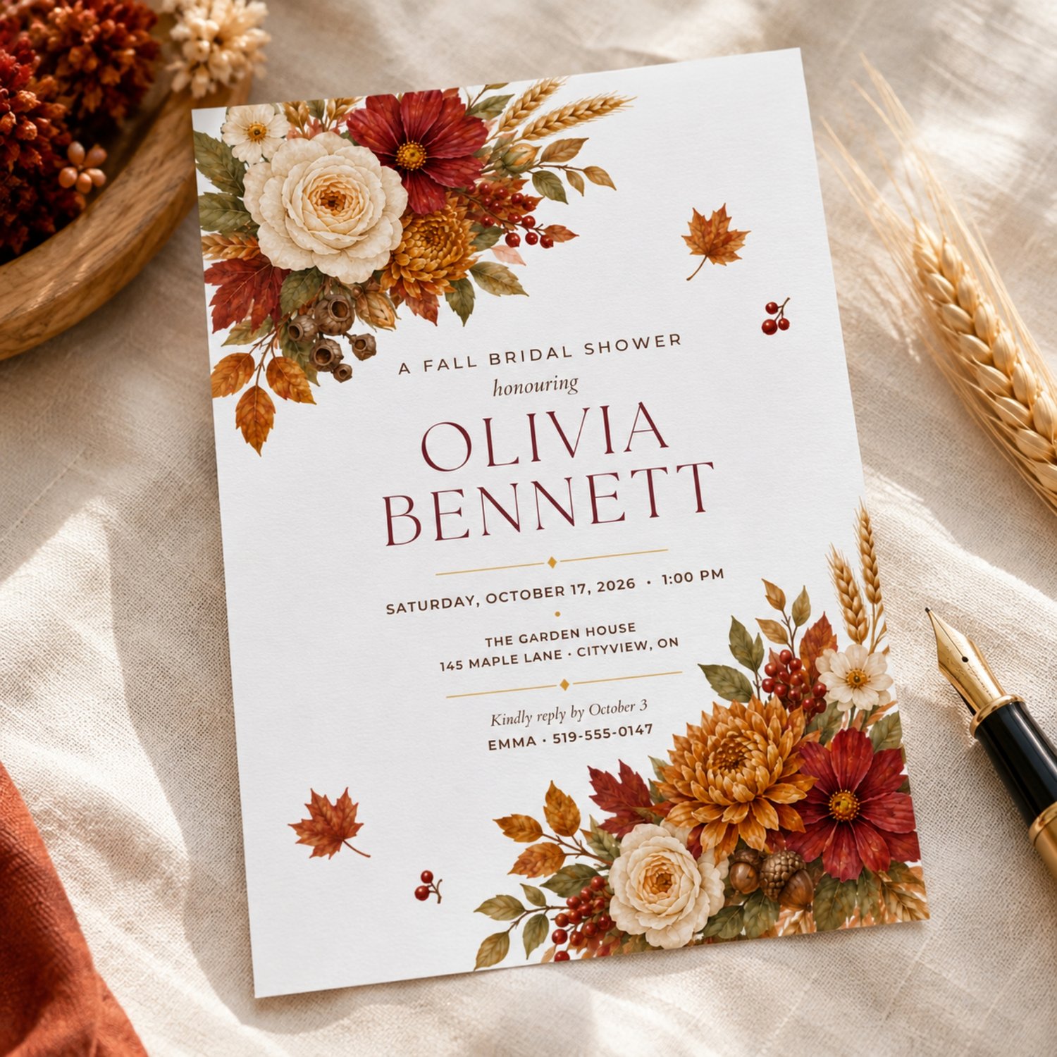 Elegant fall floral bridal shower invitation bundle with a printable 5 by 7-inch Canva template and coordinating mobile invitation featuring burgundy, orange and cream flowers, autumn leaves, berries, wheat and acorns.