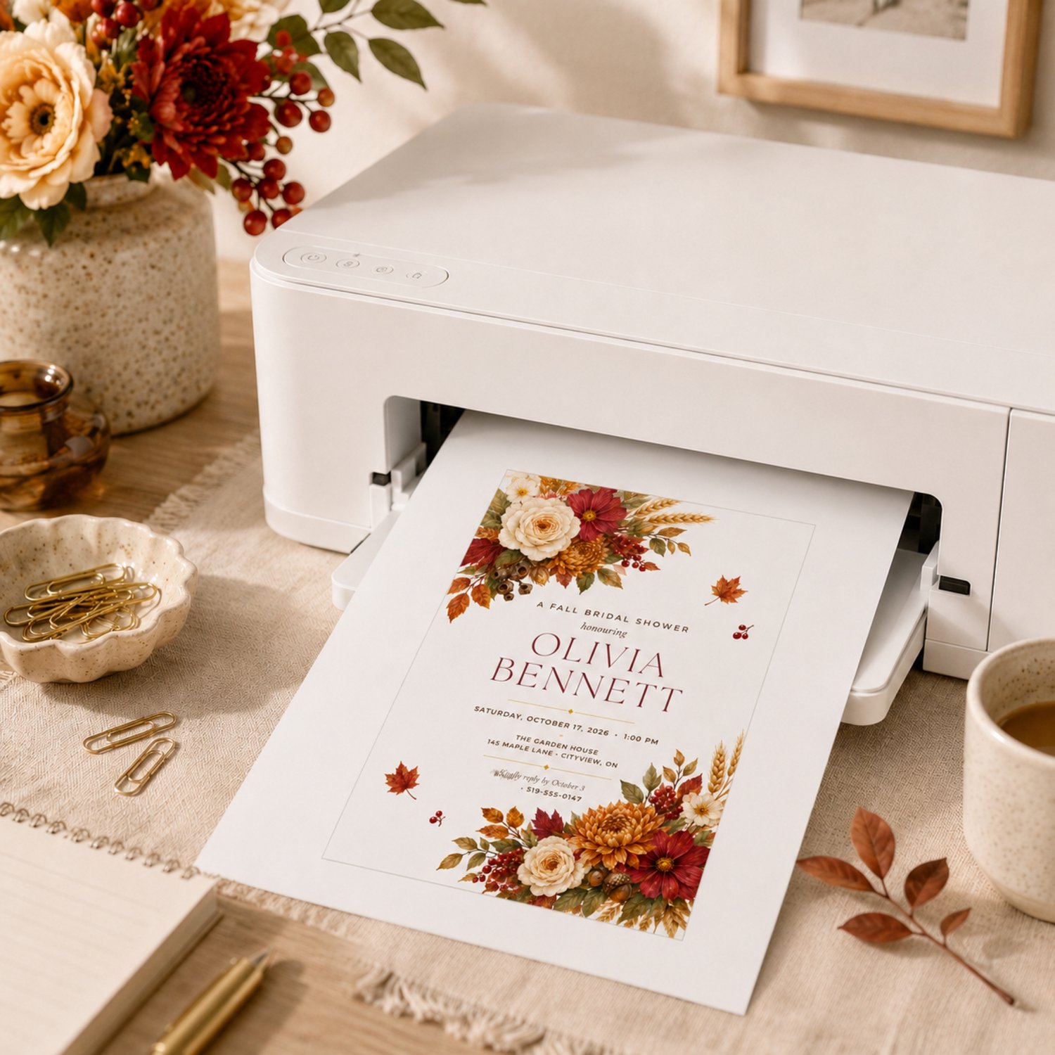 Elegant fall floral bridal shower invitation bundle with a printable 5 by 7-inch Canva template and coordinating mobile invitation featuring burgundy, orange and cream flowers, autumn leaves, berries, wheat and acorns.