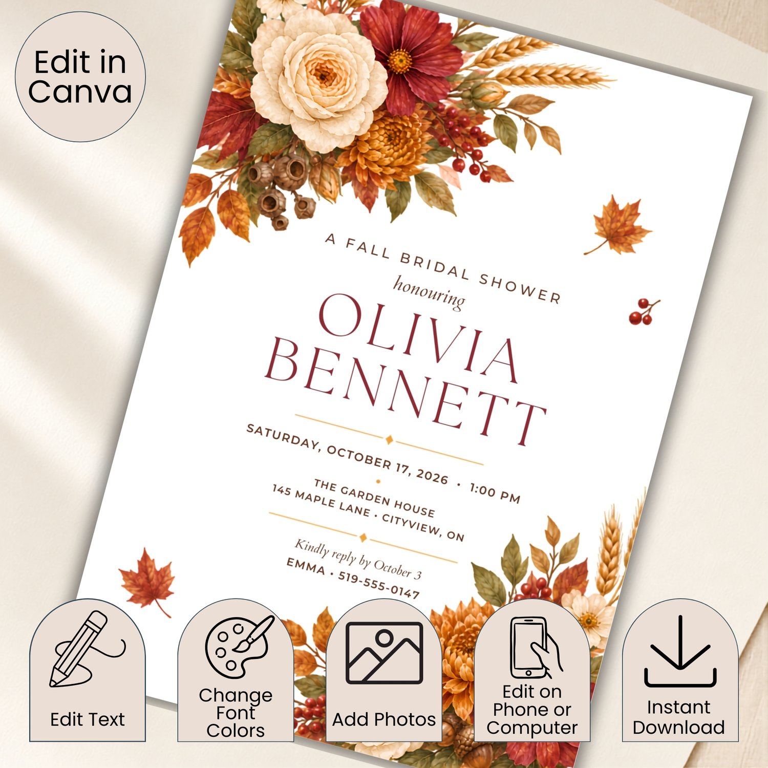 Elegant fall floral bridal shower invitation bundle with a printable 5 by 7-inch Canva template and coordinating mobile invitation featuring burgundy, orange and cream flowers, autumn leaves, berries, wheat and acorns.