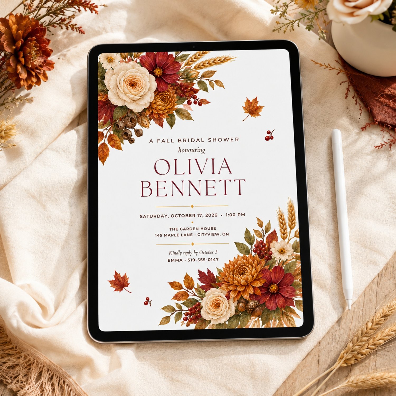 Elegant fall floral bridal shower invitation bundle with a printable 5 by 7-inch Canva template and coordinating mobile invitation featuring burgundy, orange and cream flowers, autumn leaves, berries, wheat and acorns.