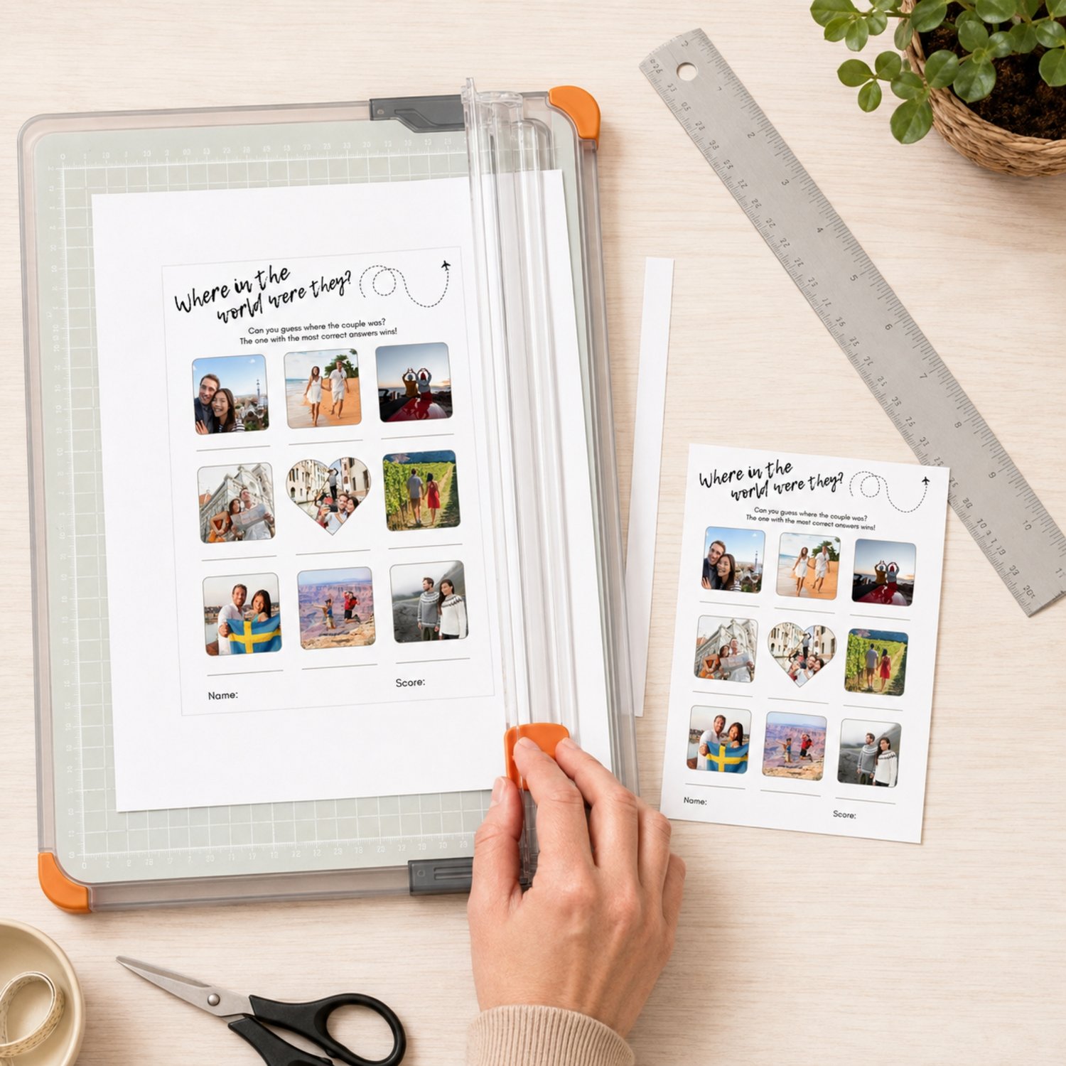 Editable 5 by 7 inch Where Were They couples game featuring nine travel photographs, answer lines, a world map background, airplane detail, and spaces for the guest’s name and score.