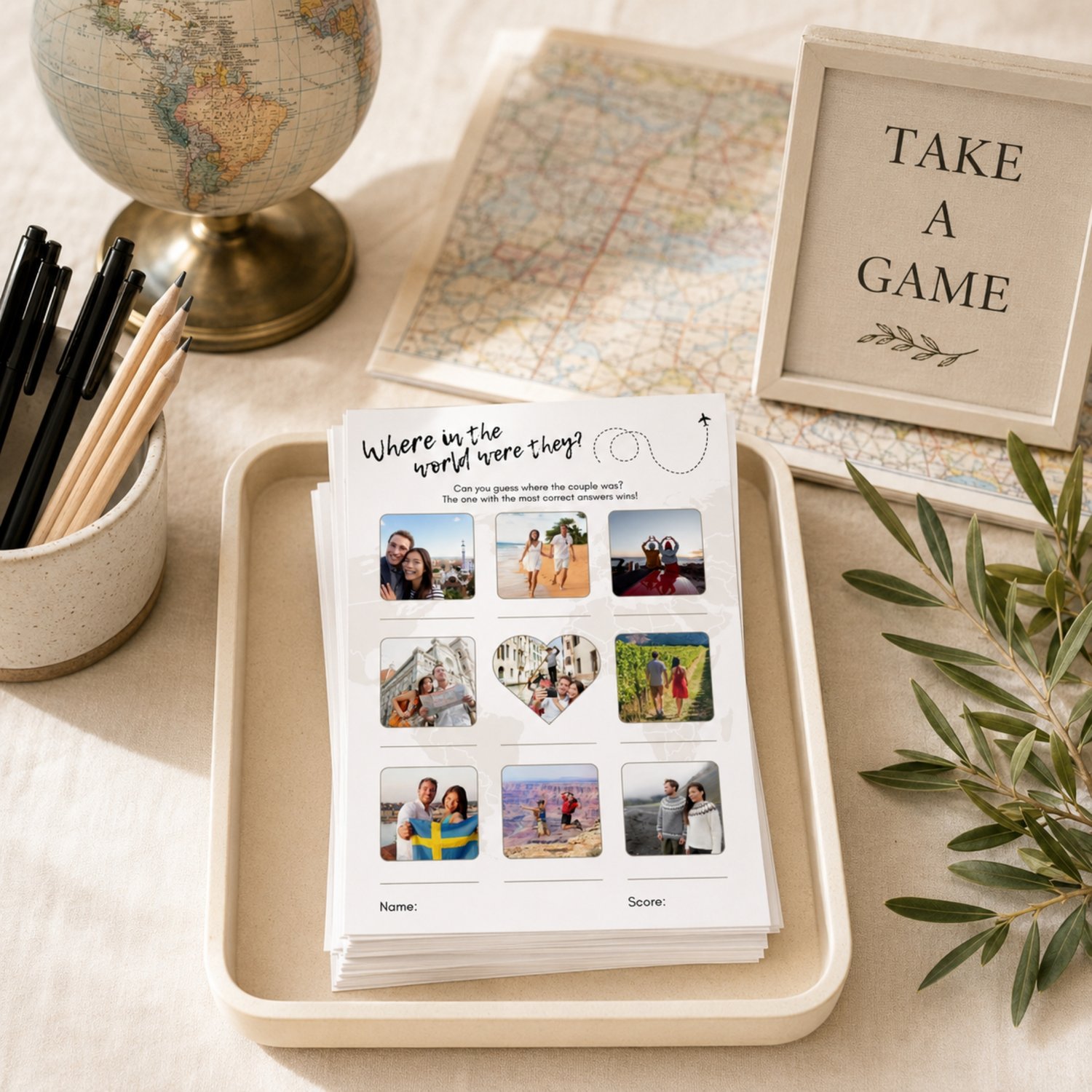 Editable 5 by 7 inch Where Were They couples game featuring nine travel photographs, answer lines, a world map background, airplane detail, and spaces for the guest’s name and score.